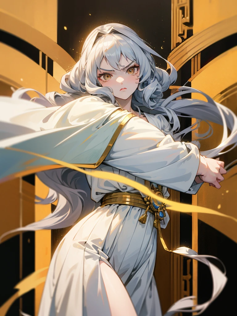 white girl, anime style, gold eyes, silver hair with golden touches, long wavy hair, intimidating expression, slim, 18 year old girl, very beautiful, long white greek traditional dress with long loose sleeves, loose hair,