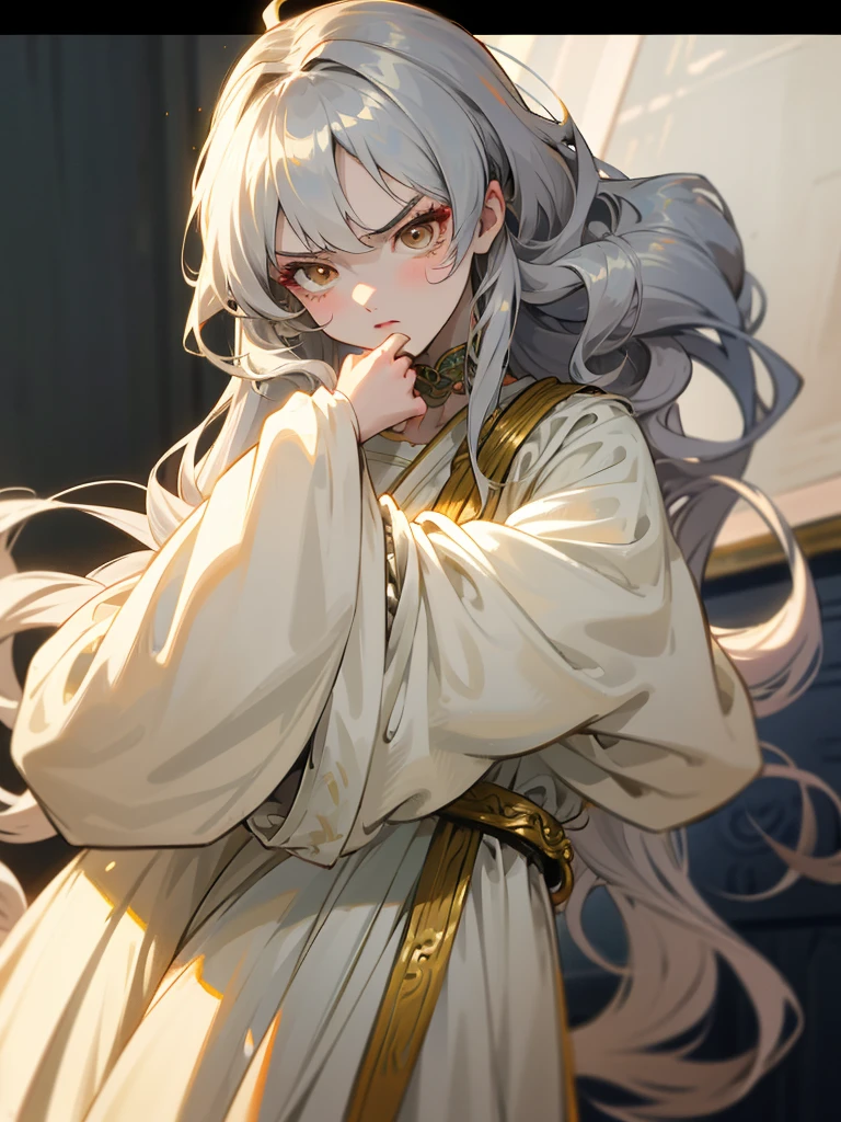 white girl, anime style, gold eyes, silver hair with golden touches, long wavy hair, intimidating expression, slim, 18 year old girl, very beautiful, long white greek traditional dress with long loose sleeves, loose hair,