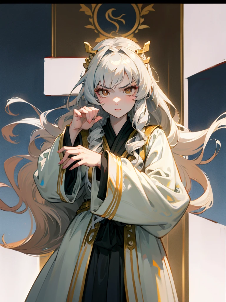 white girl, anime style, gold eyes, silver hair with golden touches, long wavy hair, intimidating expression, slim, 18 year old girl, very beautiful, long white greek traditional dress with long loose sleeves, loose hair,