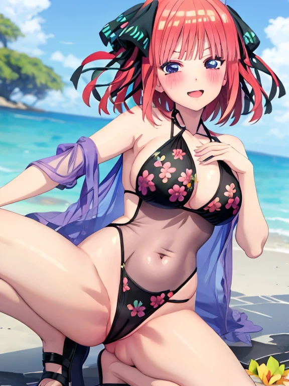 best quality, insanely detailed, nino nakano, breasts, halterneck swimsuit, one-piece swimsuit, See-through swimwear, nsfw, nipple, pussy, flower print