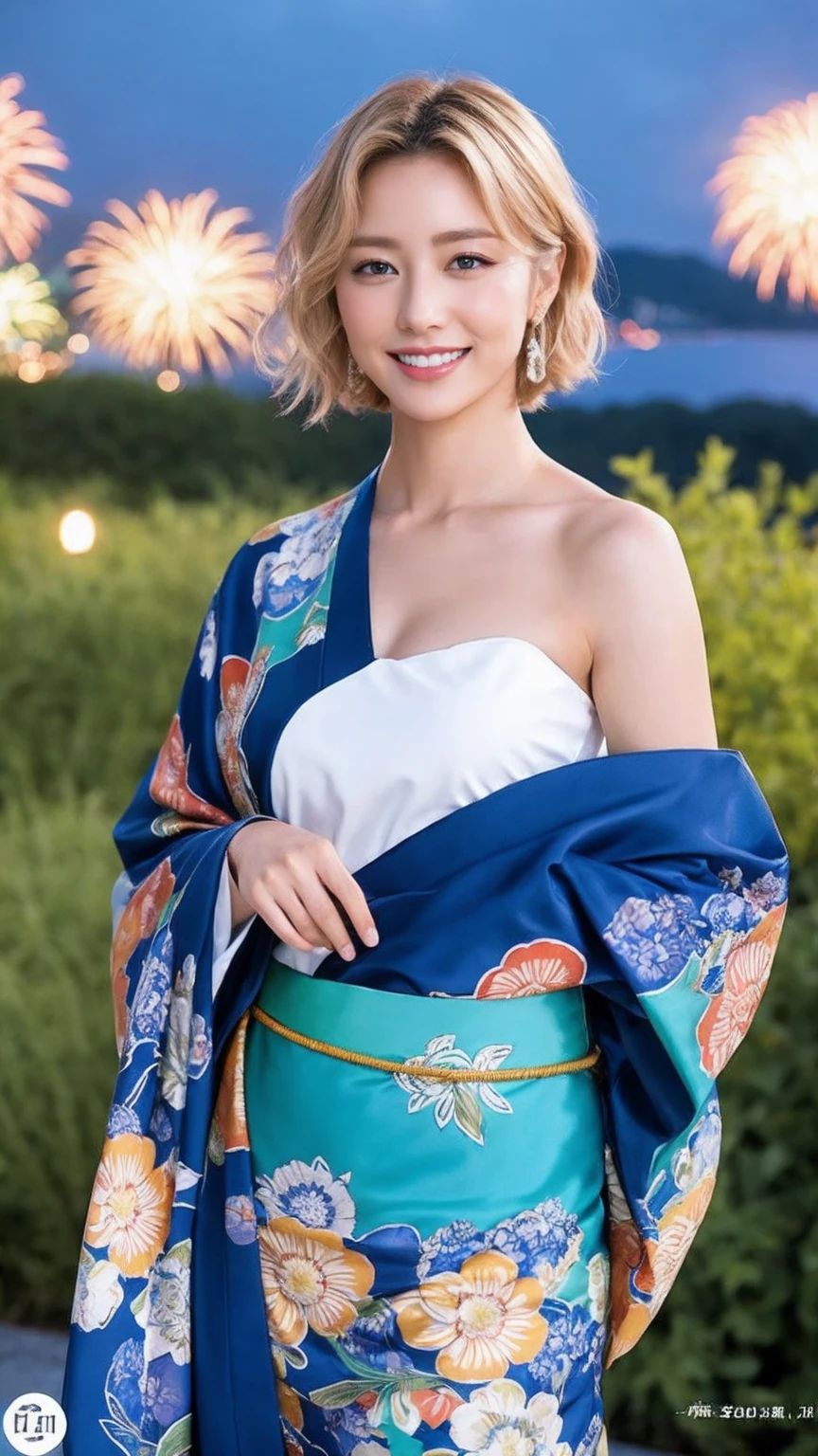 Gorgeous Japanese costumes、kimono、Fireworks display、On the chest、Full Body Tattoo、Hair tied up、Full body photo、Sexy Face、short hair、 A look of complete lust、(((masterpiece)))、((Highest quality))、((超Realistic))、成熟したwoman、成熟したwoman、perspective、Very detailed、Perfect hands、Finger details、beautiful and detailed eyes、Brown eyes muscular body、Perfect captivating eyes、Best image quality、Fine-grained image quality、beautiful、Europe, woman, woman Italian, Italian, smile、blue eyes、jewelry, blue eyes, Realistic, High resolution, Soft Light,Hip Up, Glowing Skin, (Detailed face),Full Body Tattoo、jewelry, , night, Blonde, Wavy Hair, beautiful soldier, Attractive appearance, smile, Perfect Style, Perfect balance, Fine skin, Embarrassed look、