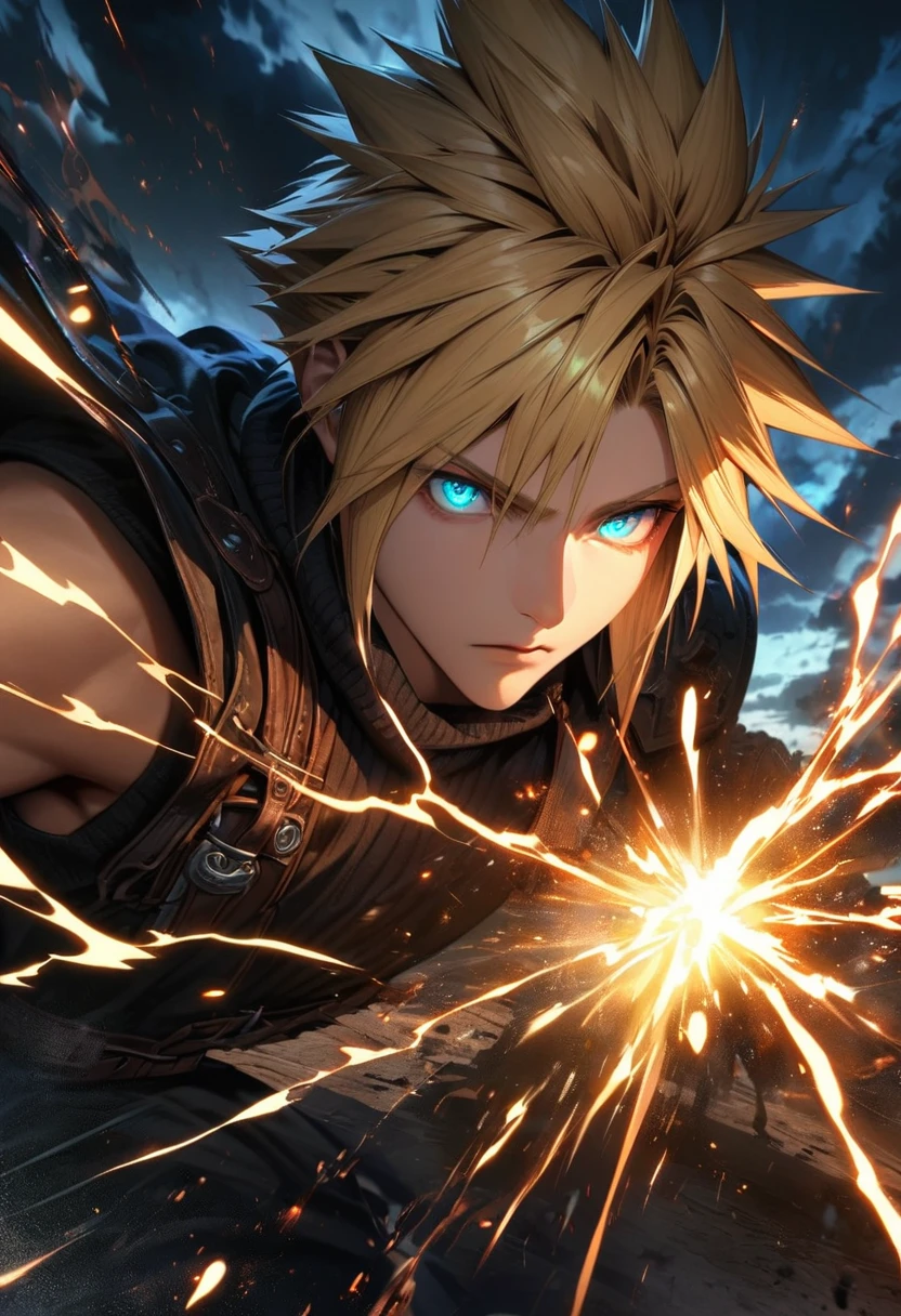 Symetrical,absurdres, highres, ultra detailed, HDR, masterpiece, extremely detailed face and eyes, Cloud Strife,final fantasy 7, yellow hair , , solo, man, handsome, ,, , Epic fight scene,black  lightning effect, glowing glitters, Epic black jacket, black flames effect, black aura effect, black splashing