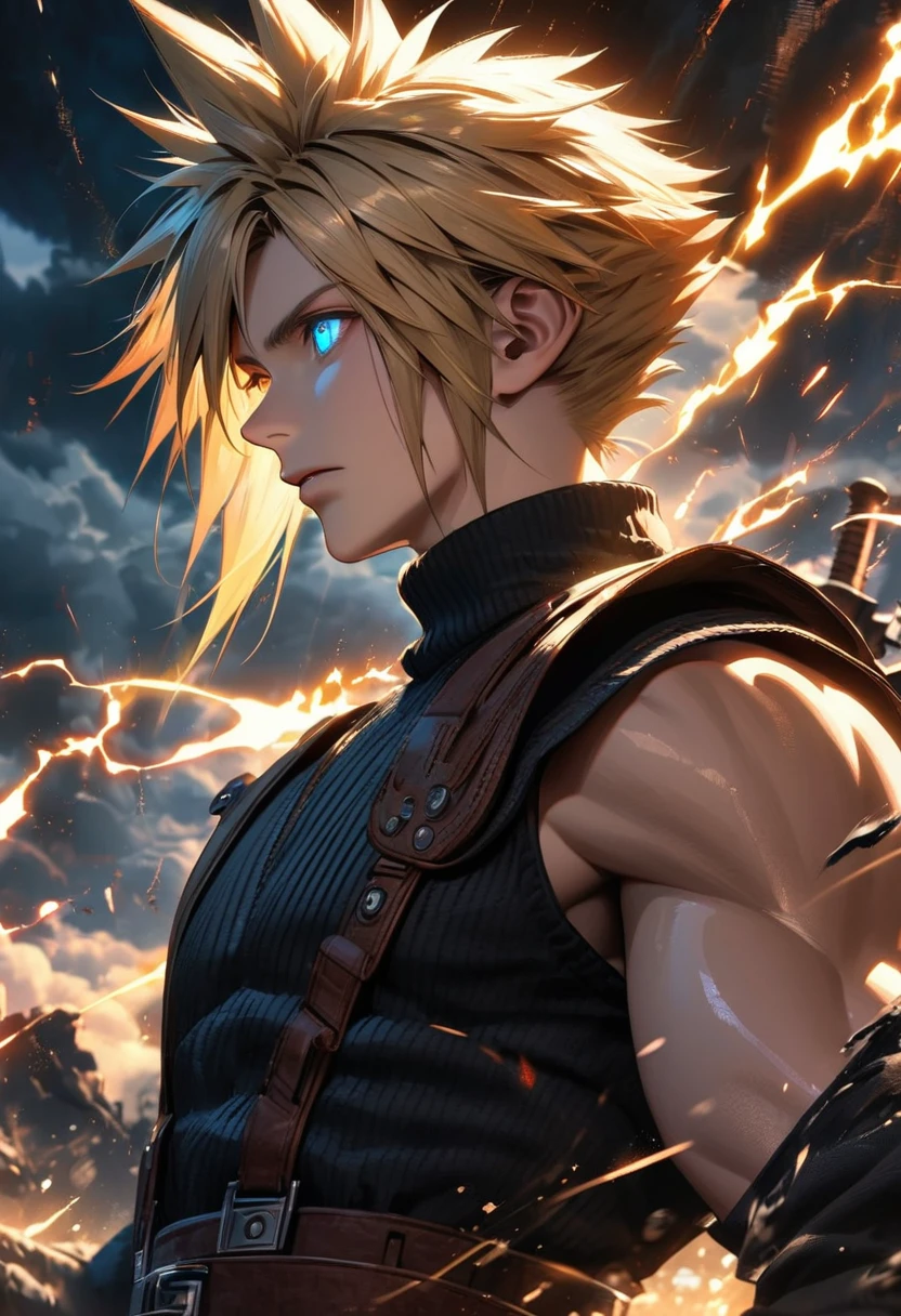 Symetrical,absurdres, highres, ultra detailed, HDR, masterpiece, extremely detailed face and eyes, Cloud Strife,final fantasy 7, yellow hair , , solo, man, handsome, ,, , Epic fight scene,black lightning effect, glowing glitters, Epic black jacket, black flames effect, black aura effect, black splashing