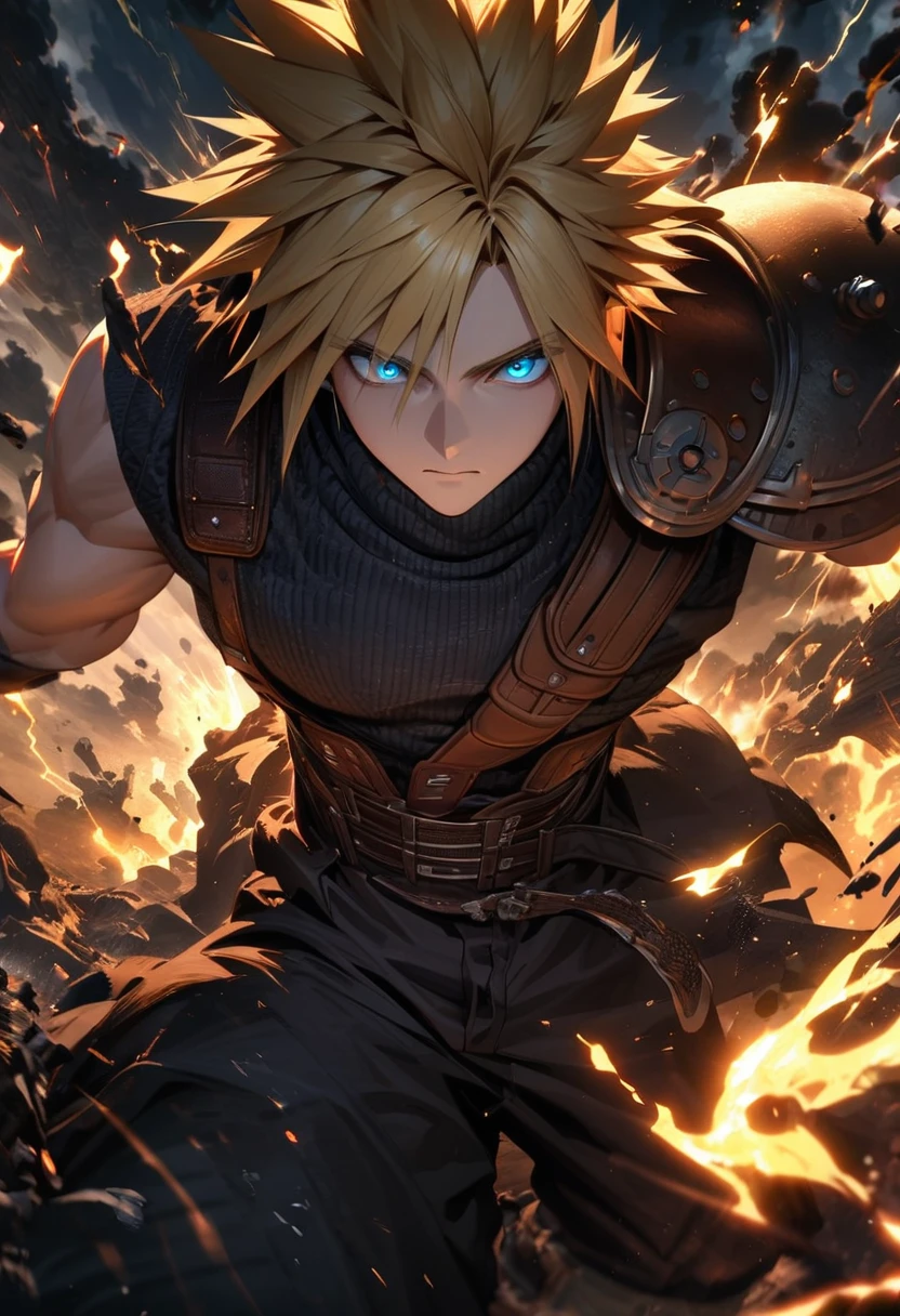 Symetrical,absurdres, highres, ultra detailed, HDR, masterpiece, extremely detailed face and eyes, Cloud Strife,final fantasy 7, yellow hair , , solo, man, handsome, ,, , Epic fight scene,black lightning effect, glowing glitters, Epic black jacket, black flames effect, black aura effect, black splashing