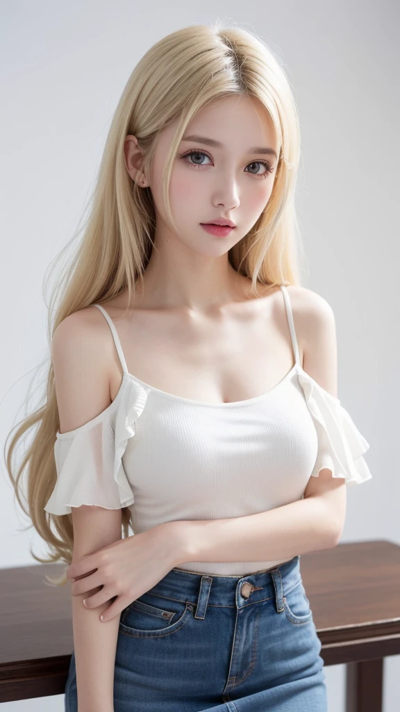 (((forehead、White Blonde Hair、Northern Europe、White people、beautiful girl、Blonde、White background、Tank top、Off-the-shoulder blouse、mini skirt、long hair、Perm)))、table top, highest quality, figure, super detailed, finely, High resolution, 8k wallpaper, Perfect dynamic composition, detailed and beautiful eyes, Deco out,bionde, medium hair, super big breasts, Natural color lip,white background, random cute poses,frill dress