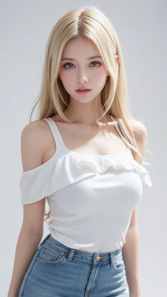 (((forehead、White Blonde Hair、Northern Europe、White people、beautiful girl、Blonde、White background、Tank top、Off-the-shoulder blouse、mini skirt、long hair、Perm)))、table top, highest quality, figure, super detailed, finely, High resolution, 8k wallpaper, Perfect dynamic composition, detailed and beautiful eyes, Deco out,bionde, medium hair, super big breasts, Natural color lip,white background, random cute poses,frill dress