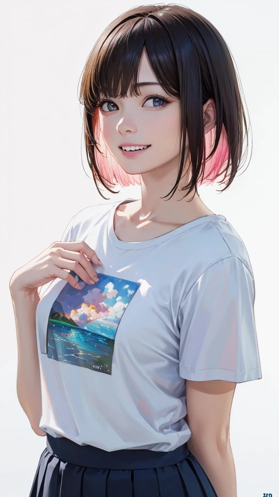 (Highest quality、8K、32k、masterpiece)、(Realistic)、(Photorealistic:1.2)、(High resolution)、Very detailed、Very beautiful face and eyes、1 Girl、Round and small face、Narrow waist、Delicate body、(Highest quality、High detail、Rich skin detail)、(Highest quality、8K、Oil paint:1.2)、Very detailed、(Realistic、Realistic:1.37)、Bright colors、(((I have pink hair)))、(((Bust Shot)))、(((Bob Hair)))、(((Even bangs)))、(((White wall background)))、(((White wall background)))、(((She has a happy expression)))、(((Wearing a light blue T-shirt)))、(((T-shirt with beach pattern on chest..)))、(((Look straight ahead)))、(((The skirt is short)))、(((Teeth are visible)))、(((Hands are above the head)))、Nipple erection、Showing her panties、I pulled up my skirt.、