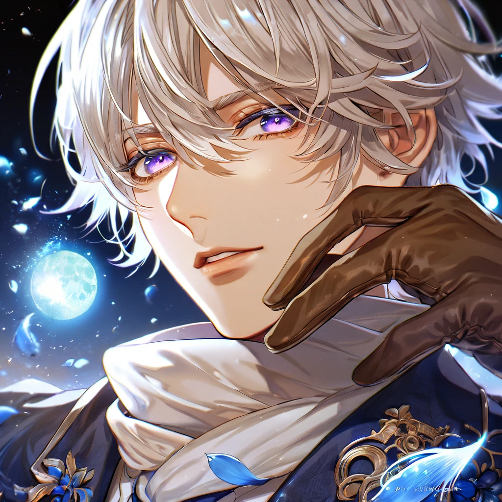 Ultra detailed, highres, absurdres, HDR, master piece, Gauche Suede, messy white hair, short hair, expressive purple eyes, Tegami Bachi, blue petals, white scarf, sexy man, solo, best quality, blue flowers, blue shining fireflies, handsome, fantasy, magical, brown gloves, blue moon, dark blue trademark jacket with white patters, blue necktie, white shirt