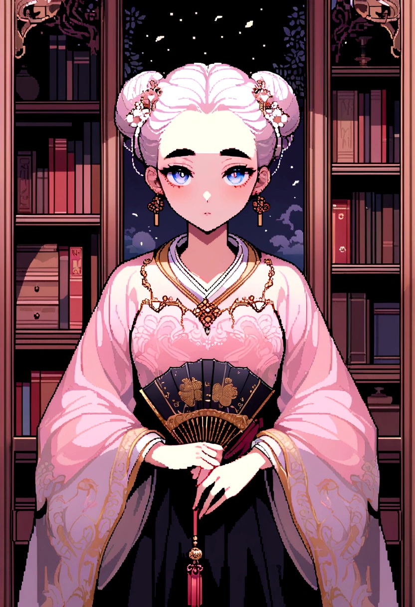 A pixel art masterpiece,best quality, 8K Ultra HD, Draw a picture in the style of oriental classics,Showing a young woman with traditional beauty。Her skin is fair,Eyebrows are picturesque,Under the thin eyebrows are a pair of deep and melancholy eyes.,The cherry-like mouth and straight nose make up her delicate face.。Her hair was black and shiny,Intricate bun,It is decorated with exquisite hairpins and pearl flowers.。She is wearing a light pink or white Hanfu,The clothing is embroidered with delicate cloud patterns and flower and bird patterns,The skirt flutters gently in the wind。Her posture is elegant,Maybe holding a folding fan in hand,Or gently touch a blooming peony,It reflects her quietness and connotation。The background is a garden or study full of antique charm,With wooden screen、Bookshelves and desks with study items。The whole scene is illuminated by soft natural light,It creates a warm and peaceful atmosphere。Light pink color、Mainly white and light blue,Convey the tenderness and purity of women。Artistic style: delicate and realistic,Pay attention to detail,At the same time, it incorporates the artistic conception of oriental ink painting,Make the picture have both modern clarity and classical charm。The overall picture conveys a touch of melancholy and deep cultural heritage,Reflecting the inner world of this woman and her story