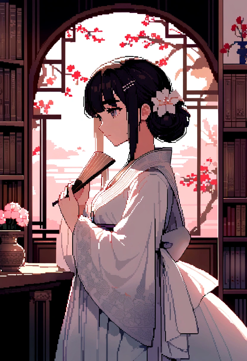 A pixel art masterpiece,best quality, 8K Ultra HD, Draw a picture in the style of oriental classics,Showing a young woman with traditional beauty。Her skin is fair,Eyebrows are picturesque,Under the thin eyebrows are a pair of deep and melancholy eyes.,The cherry-like mouth and straight nose make up her delicate face.。Her hair was black and shiny,Intricate bun,It is decorated with exquisite hairpins and pearl flowers.。She is wearing a light pink or white Hanfu,The clothing is embroidered with delicate cloud patterns and flower and bird patterns,The skirt flutters gently in the wind。Her posture is elegant,Maybe holding a folding fan in hand,Or gently touch a blooming peony,It reflects her quietness and connotation。The background is a garden or study full of antique charm,With wooden screen、Bookshelves and desks with study items。The whole scene is illuminated by soft natural light,It creates a warm and peaceful atmosphere。Light pink color、Mainly white and light blue,Convey the tenderness and purity of women。Artistic style: delicate and realistic,Pay attention to detail,At the same time, it incorporates the artistic conception of oriental ink painting,Make the picture have both modern clarity and classical charm。The overall picture conveys a touch of melancholy and deep cultural heritage,Reflecting the inner world of this woman and her story