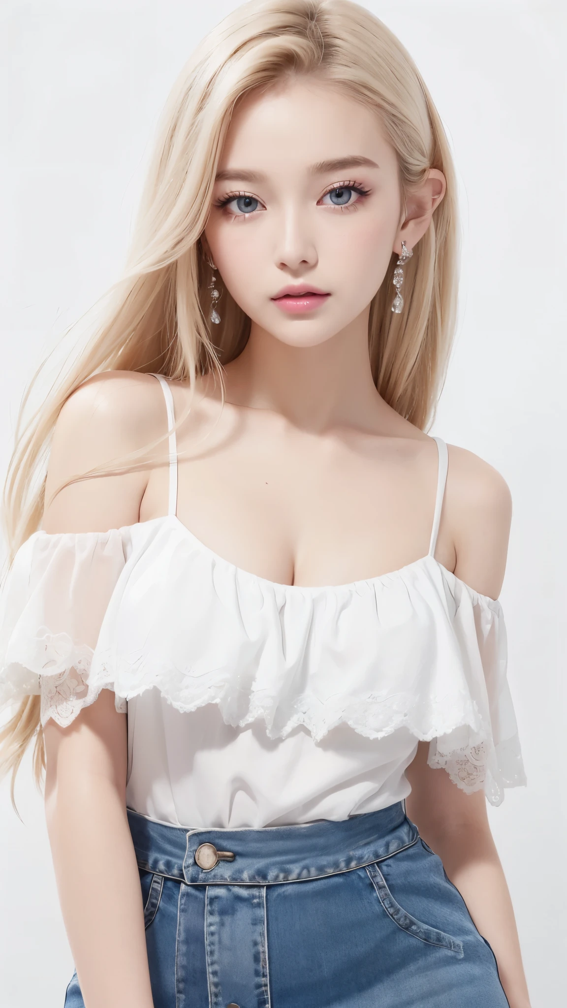 (((Tank top、Off-the-shoulder blouse、mini skirt、White background、Big Breasts)))、forehead、Big Breasts、Northern Europe、Russia、beautiful girl、Platinum Blonde Hair、Straight long hair、Hitting the face and front of the eyes、Big blue eyes、Sheer white and wet nightgown、Northern Europeの若者、Perfect body、White tendons、Glowing Skin、Young and beautiful skin、A perfect and beautiful little face、Bright makeup、Pale pink lips、Bright expression、16-year-old girl、lipstick、Deceptive advertising、Viewer&#39;s vision、Golden Hour Lighting、Bokeh Atmosphere Perspective、detailed、Movie Light、複雑なdetailed、High resolution、 フェイスデザインのdetailedな特徴、Attention to detail、Clear focus、Smoothness、aesthetics、Printed、Octane、{{masterpiece}}