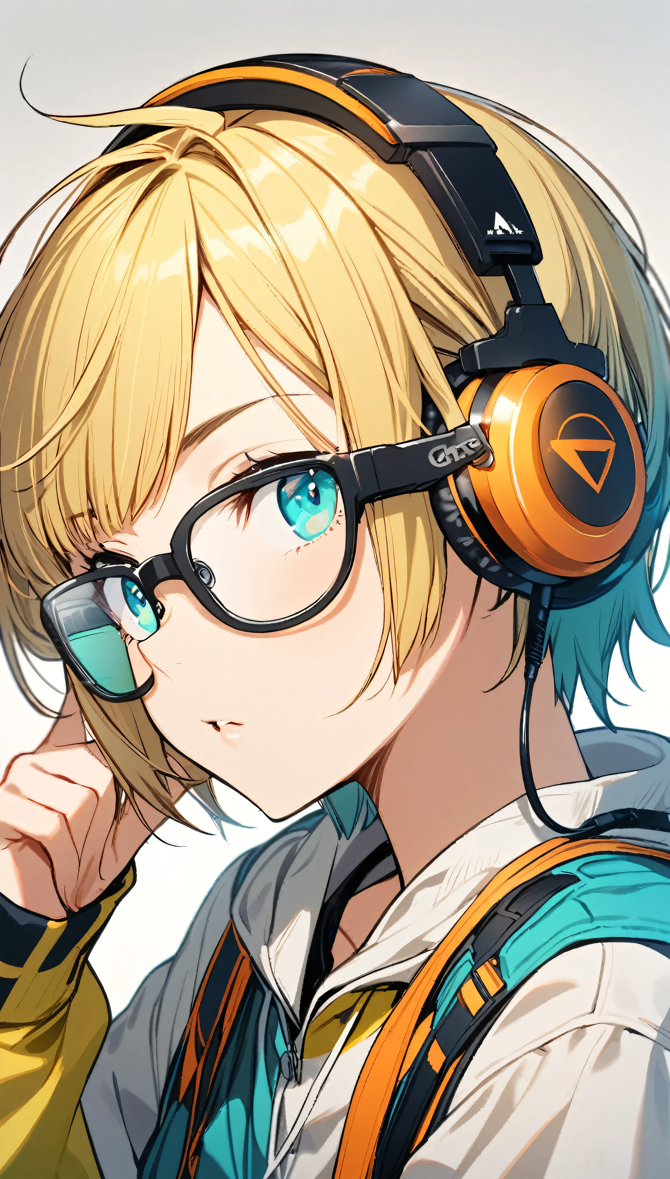 1girl, boyish, wearing glasses, aqua eyes, blond hair, short hair, headphone