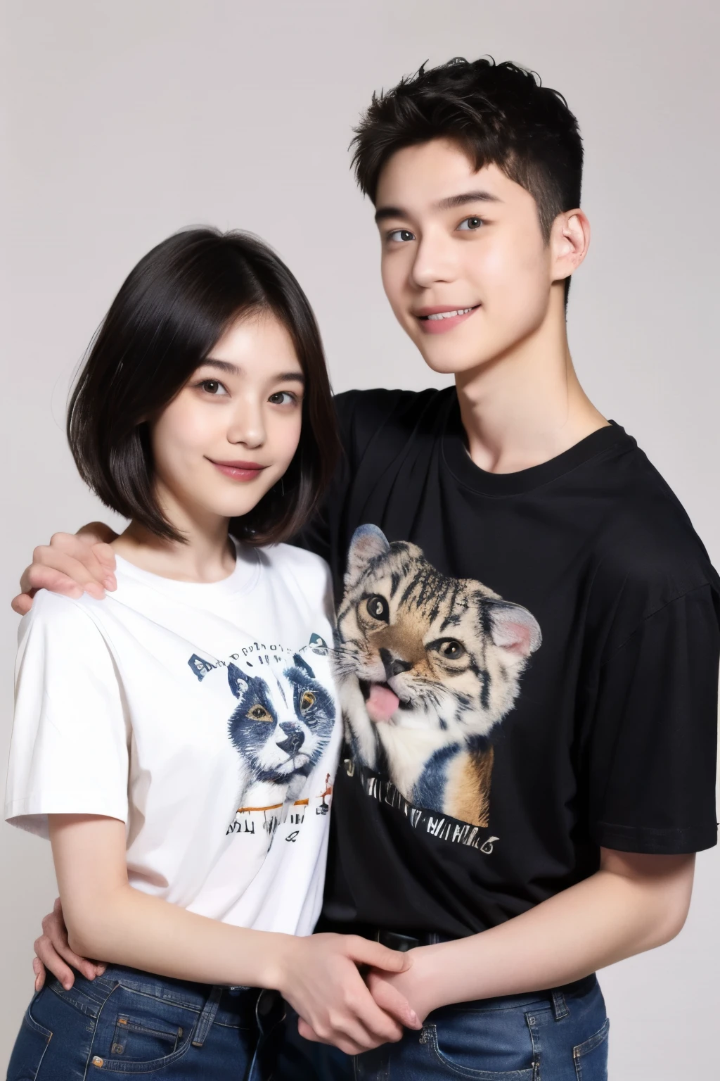 250 (18 year old female and 18 year old male), (short hair),kind, lipstick, (jeans), (Animal characterTshirt), smile