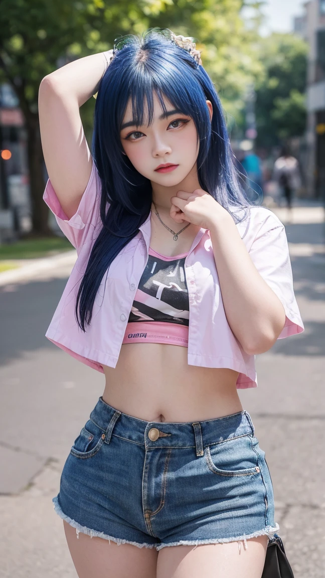 Any Cemar,18 year old,blue hair,pink eyes,cute pose,D.Va,very short shorts,crop top,open button,thick thighs,wide hips,sunny day,underboobs,open button jean shorts,(best quality,4k,8k,highres,masterpiece:1.2),ultra-detailed,(realistic,photorealistic,photo-realistic:1.37),HDR,UHD,studio lighting,ultra-fine painting,sharp focus,physically-based rendering,extreme detail description,professional,vivid colors,bokeh,portraits,landscape,horror,anime,sci-fi,photography,concept artists,pink color tone,soft lighting