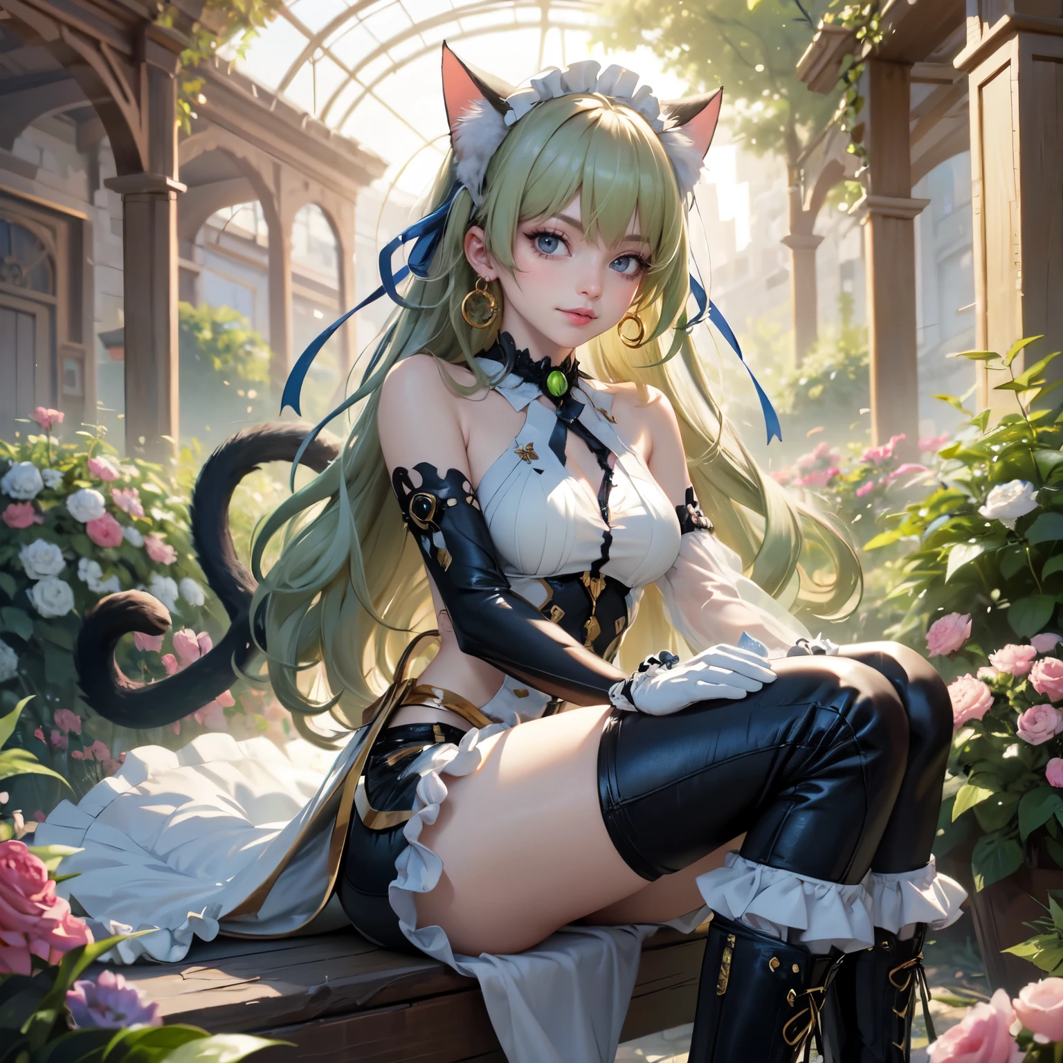 1girl, white maid dress, jewelry, green hair, flowing hair, long hair, white roses, firefly, oriental architecture, maid dress with a short skirt and layers, white laces, white boots, white dress with transparency, gold details on her clothes, cat ears, animal ears, outside, outdoor, seat on the water, meteor falling in the sky, white roses, grass flowers, more details, perfectly body, perfectly hands, two hands, two legs, two arms, five fingers, glowing hair, best quality, cat ears, animal ears, tail ornament, tail bow, white gloves, two cat tail, white gloves, alone, maid headdress, choker, garden scenery, detached sleeves, maid dress, maid white dress, strapless, masterpeice, best quality, detailed face, night, mobius (honkai impact), honkai (series), honkai impact 3rd, asymmetrical gloves, bangs, white short skirt , white gloves, white boots, earrings, elbow gloves, fishnet thighhighs, fishmasterpeice, solo, best quality, detailed face, gloves, green eyes, green hair, hair between eyes, jewelry, long hair, looking at viewer, single earring, sky, sleeveless, solo, thigh boots, thighhighs, tongue, tongue out, uneven gloves, sitting, cat ears, animal ears, cat tail, holding a ice cream