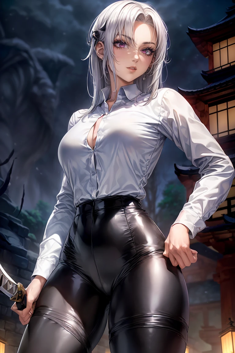 ((monsters looming:1.7、Woman fighting giant spiders))、((perfect anatomy,realist:1.3,raw photography:1.3,Masterpiece、of the highest quality、Ultra - high resolution、high resolution、Very detailed CG、8k)),cowboy shot,1 female,Alone,18 years、High school girl swordsman、18 yearsの美少女,Japanese,(((Beautiful face and detailed eyes:1.3,big and beautiful eyes:1.5,grey eyes,shy))),black fur, wide,(center parted hair,forehead),(big breasts, Skinny body,small head:1.3,Skinny),((Oily skin)),(glowing skin,shiny skin),(shiny black leggings、(white long sleeve collared shirt:1.4)、dynamic pose,Cut giant spiders with a sword、Japanese sword fighting、Accurately depicted Japanese sword、callejon、At night、Moonlight、SUCH. view from behind