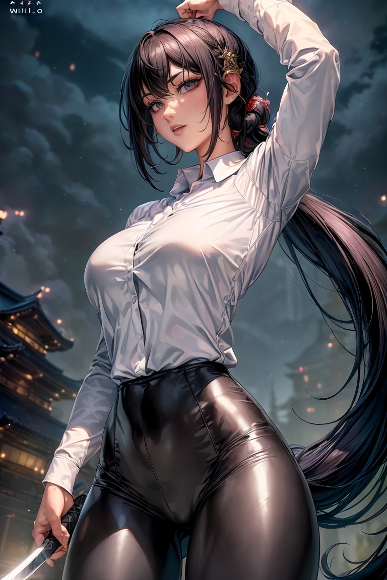 ((monsters looming:1.7、Woman fighting giant spiders))、((perfect anatomy,realist:1.3,raw photography:1.3,Masterpiece、of the highest quality、Ultra - high resolution、high resolution、Very detailed CG、8k)),cowboy shot,1 female,Alone,18 years、High school girl swordsman、18 yearsの美少女,Japanese,(((Beautiful face and detailed eyes:1.3,big and beautiful eyes:1.5,grey eyes,shy))),black fur, wide,(center parted hair,forehead),(big breasts, Skinny body,small head:1.3,Skinny),((Oily skin)),(glowing skin,shiny skin),(shiny black leggings、(white long sleeve collared shirt:1.4)、dynamic pose,Cut giant spiders with a sword、Japanese sword fighting、Accurately depicted Japanese sword、callejon、At night、Moonlight、SUCH. view from behind