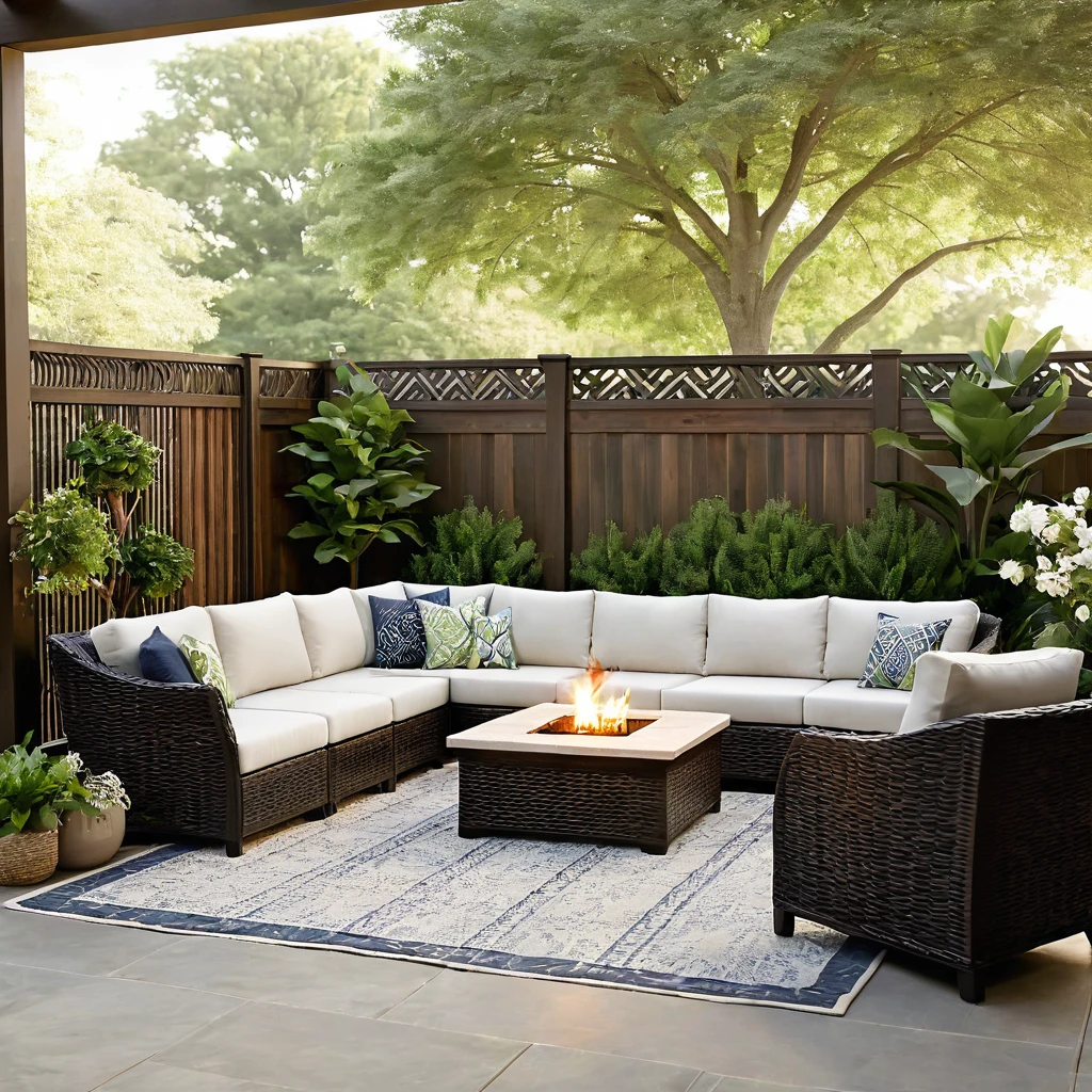 A photorealistic image showcasing a high-end patio furniture set arranged in a serene backyard oasis. The scene should exude a clean and relaxed atmosphere, perfect for unwinding outdoors.
Central Focus:
A complete, high-end patio furniture set (five pieces) should take center stage. Describe the specific type of furniture, such as a sectional sofa with comfortable cushions, armchairs, and a coffee table.
Use keywords related to the furniture's material and style, like "weatherproof wicker furniture set" or "modern woven conversation set."
Surrounding Elements:
Lush greenery like mature trees and vibrant flower beds border the space, providing a natural backdrop and privacy.
Include a stone fire pit nestled in a corner, creating a warm and inviting focal point.
String lights or lanterns strung overhead create a magical ambient lighting for evening gatherings.
A privacy screen made of wood or lattice adds a touch of seclusion without obstructing the natural beauty.
Additional Touches:
Include a few accent tables scattered around the furniture set, perfect for placing drinks or decorative items.
Prop open a patio umbrella over a portion of the furniture to showcase its functionality and provide shade.
Scatter a few plush outdoor throw pillows and a soft rug on the patio floor for extra comfort and visual appeal.
Overall Mood:
Emphasize the tranquil and inviting atmosphere of the backyard oasis.
Ensure the image showcases how the furniture set seamlessly integrates into the relaxed and luxurious outdoor space.