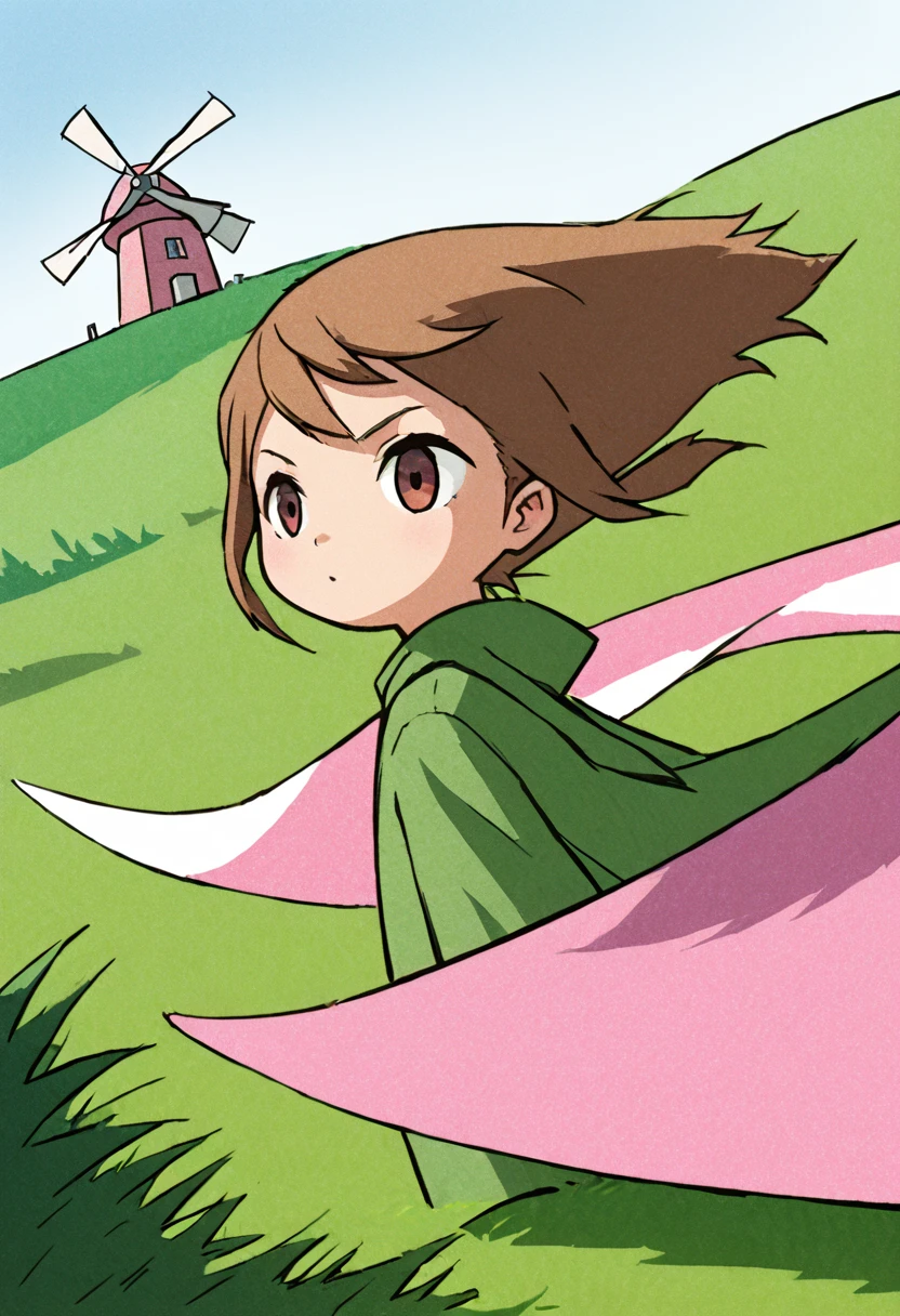 detailed illustration, dynamic angle, ultra-detailed, illustration, WindWakerStyle, close up, 1girl, long brown hair, green clothes, goggles, pink wooden hang glider, standing on grassy hill, windy, windmills