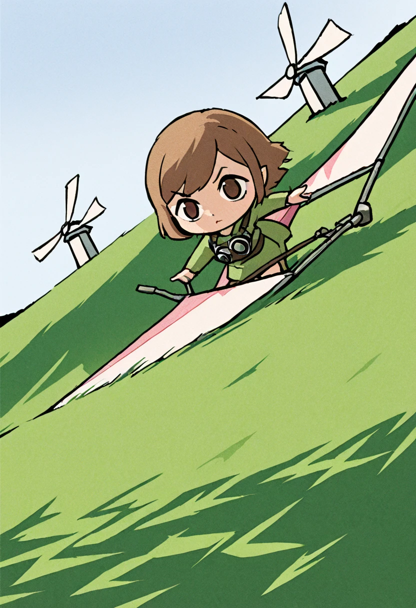 detailed illustration, dynamic angle, ultra-detailed, illustration, WindWakerStyle, close up, 1girl, long brown hair, green clothes, goggles, pink wooden hang glider, standing on grassy hill, windy, windmills