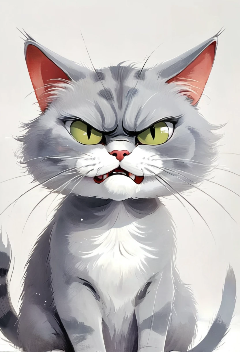 Jim Davis cartoons, A humor and Expressive cartoon of an angry grey cat, permanent,Pure white background, humor, Expressive, angry, grey