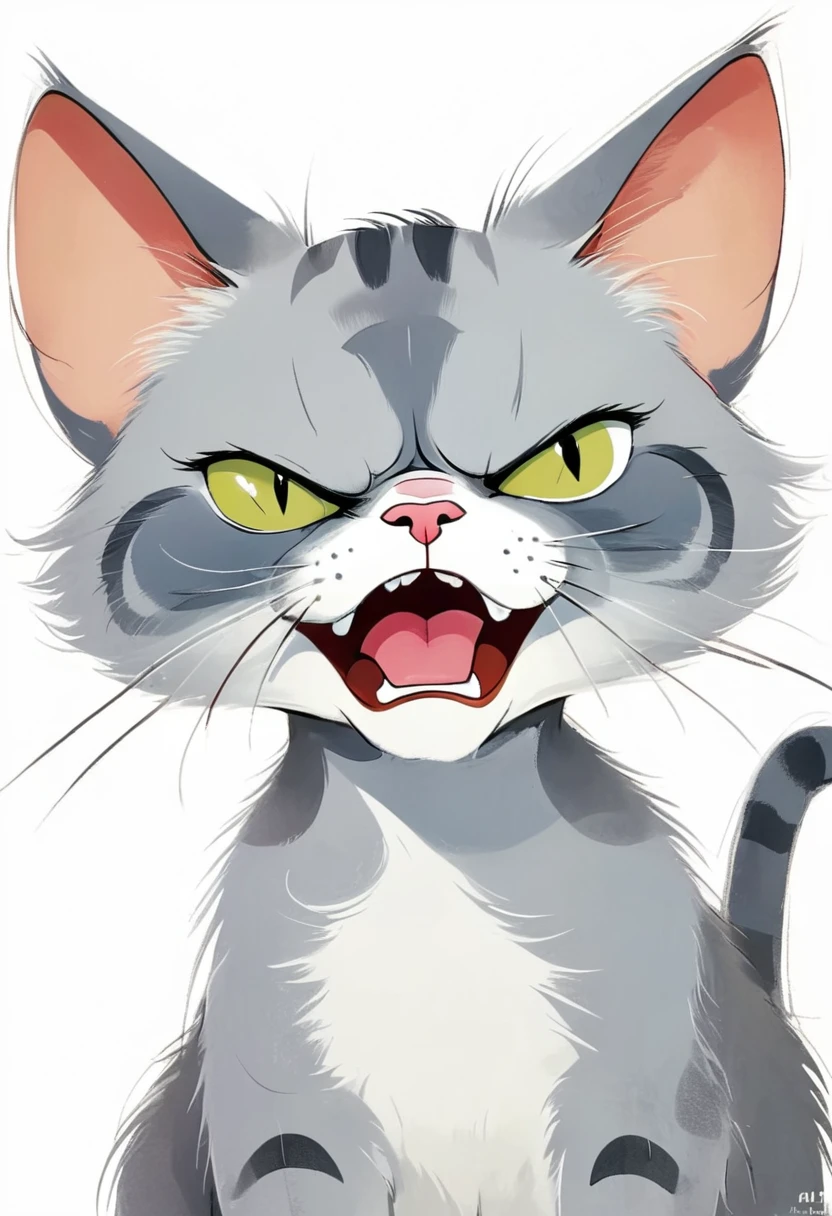 Jim Davis cartoons, A humor and Expressive cartoon of an angry grey cat, permanent,Pure white background, humor, Expressive, angry, grey