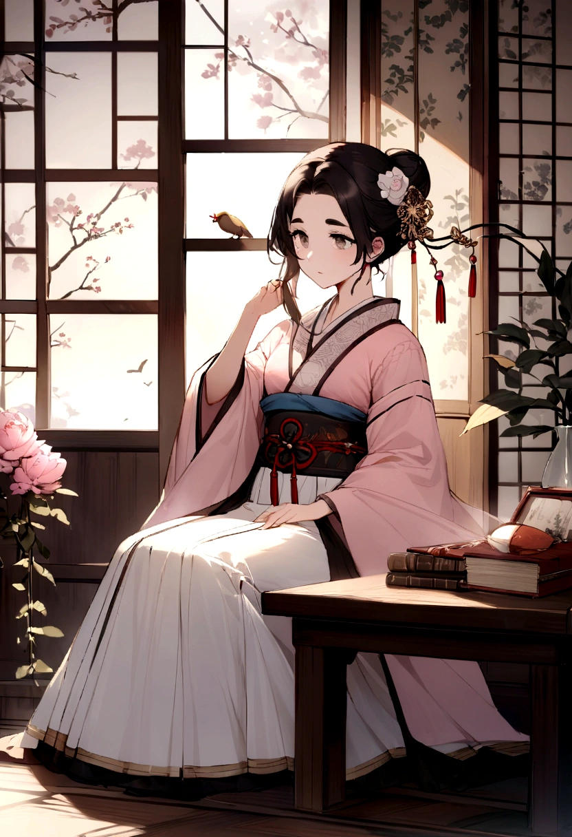 Draw a picture in the style of oriental classics,Showing a young woman with traditional beauty。Her skin is fair,Eyebrows are picturesque,Under the thin eyebrows are a pair of deep and melancholy eyes.,The cherry-like mouth and straight nose make up her delicate face.。Her hair was black and shiny,Intricate bun,It is decorated with exquisite hairpins and pearl flowers.。She is wearing a light pink or white Hanfu,The clothing is embroidered with delicate cloud patterns and flower and bird patterns,The skirt flutters gently in the wind。Her posture is elegant,Maybe holding a folding fan in hand,Or gently touch a blooming peony,It reflects her quietness and connotation。The background is a garden or study full of antique charm,With wooden screen、Bookshelves and desks with study items。The whole scene is illuminated by soft natural light,It creates a warm and peaceful atmosphere。Light pink color、Mainly white and light blue,Convey the tenderness and purity of women。Artistic style: delicate and realistic,Pay attention to detail,At the same time, it incorporates the artistic conception of oriental ink painting,Make the picture have both modern clarity and classical charm。The overall picture conveys a touch of melancholy and deep cultural heritage,Reflecting the inner world of this woman and her story