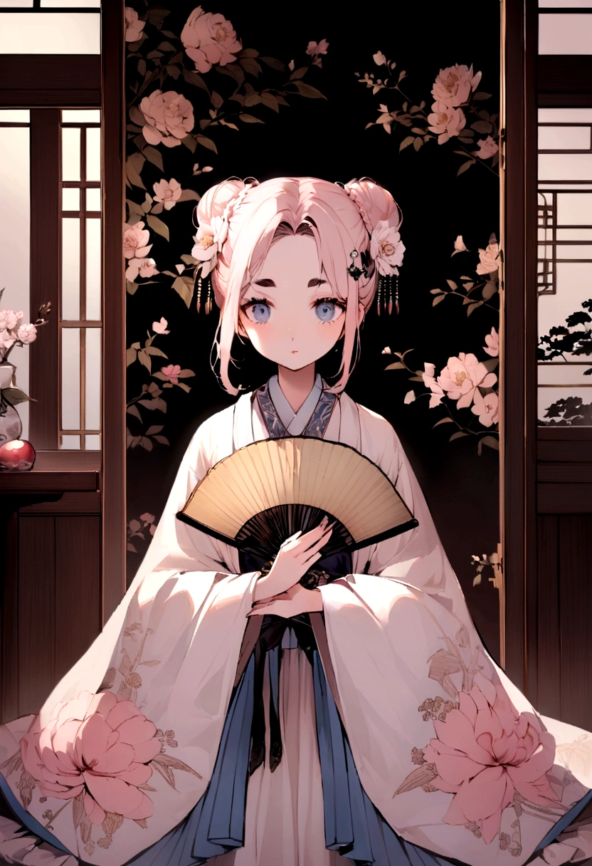 Draw a picture in the style of oriental classics，Showing a young woman with traditional beauty。Her skin is fair，Eyebrows are picturesque，Under the thin eyebrows are a pair of deep and melancholy eyes.，The cherry-like mouth and straight nose make up her delicate face.。Her hair was black and shiny，Intricate bun，It is decorated with exquisite hairpins and pearl flowers.。She is wearing a light pink or white Hanfu，The clothing is embroidered with delicate cloud patterns and flower and bird patterns，The skirt flutters gently in the wind。Her posture is elegant，Maybe holding a folding fan in hand，Or gently touch a blooming peony，It reflects her quietness and connotation。The background is a garden or study full of antique charm，With wooden screen、Bookshelves and desks with study items。The whole scene is illuminated by soft natural light，It creates a warm and peaceful atmosphere。Light pink color、Mainly white and light blue，Convey the tenderness and purity of women。Artistic style: delicate and realistic，Pay attention to detail，At the same time, it incorporates the artistic conception of oriental ink painting，Make the picture have both modern clarity and classical charm。The overall picture conveys a touch of melancholy and deep cultural heritage，Reflecting the inner world of this woman and her story