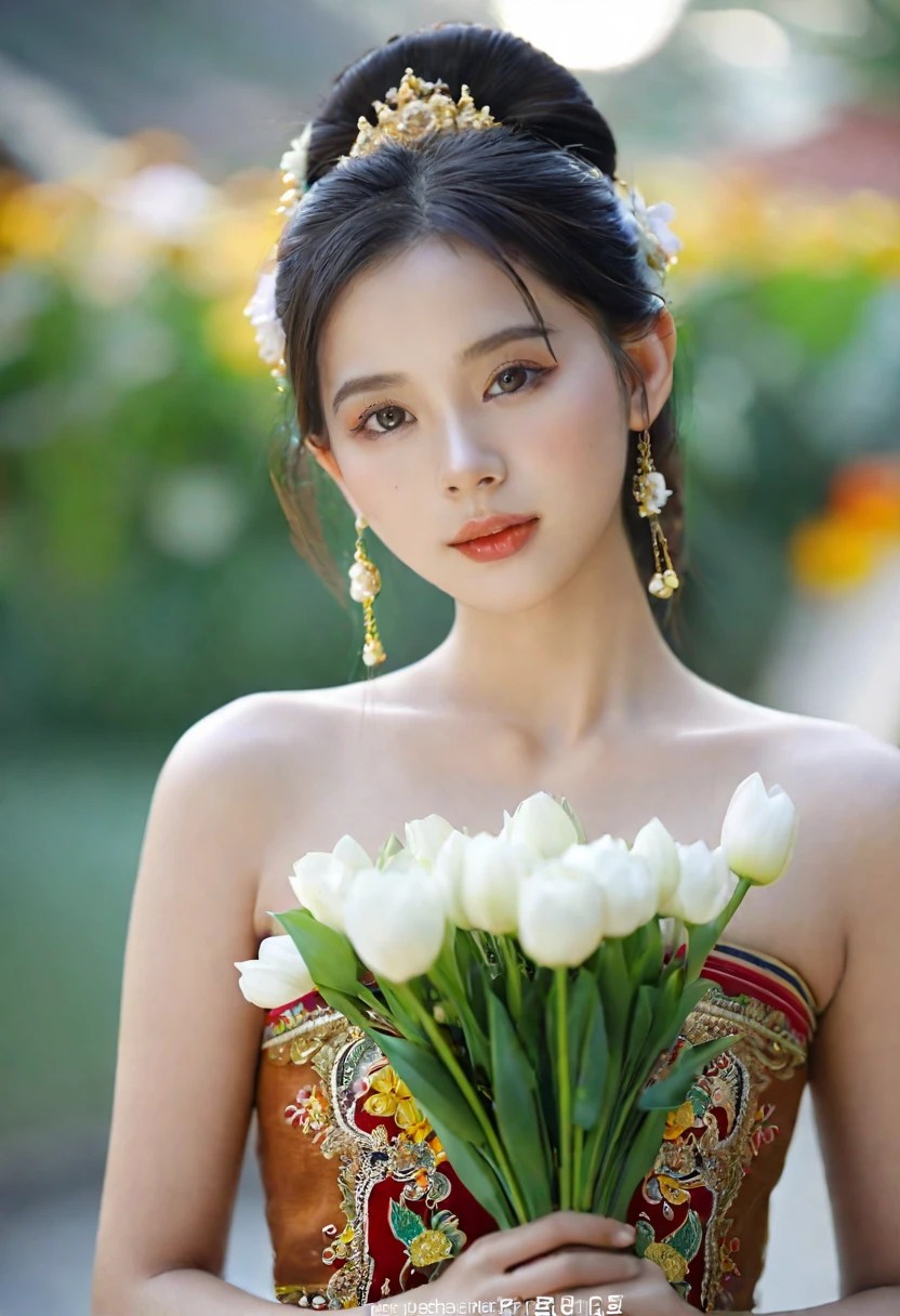 High qualityสุด, Masterpiece, 1 woman, Beautiful face, (ภาพถ่ายเสมือนTRUE:1.3), Light around the wheel rim, (Highly detailed skin:1.2), 8K UHD, dslr, High quality, high definition, 4K, 8K, Bokeh, (TRUE: 1., small face, A cute girl, Thai national costume, middle breast,holding flowers