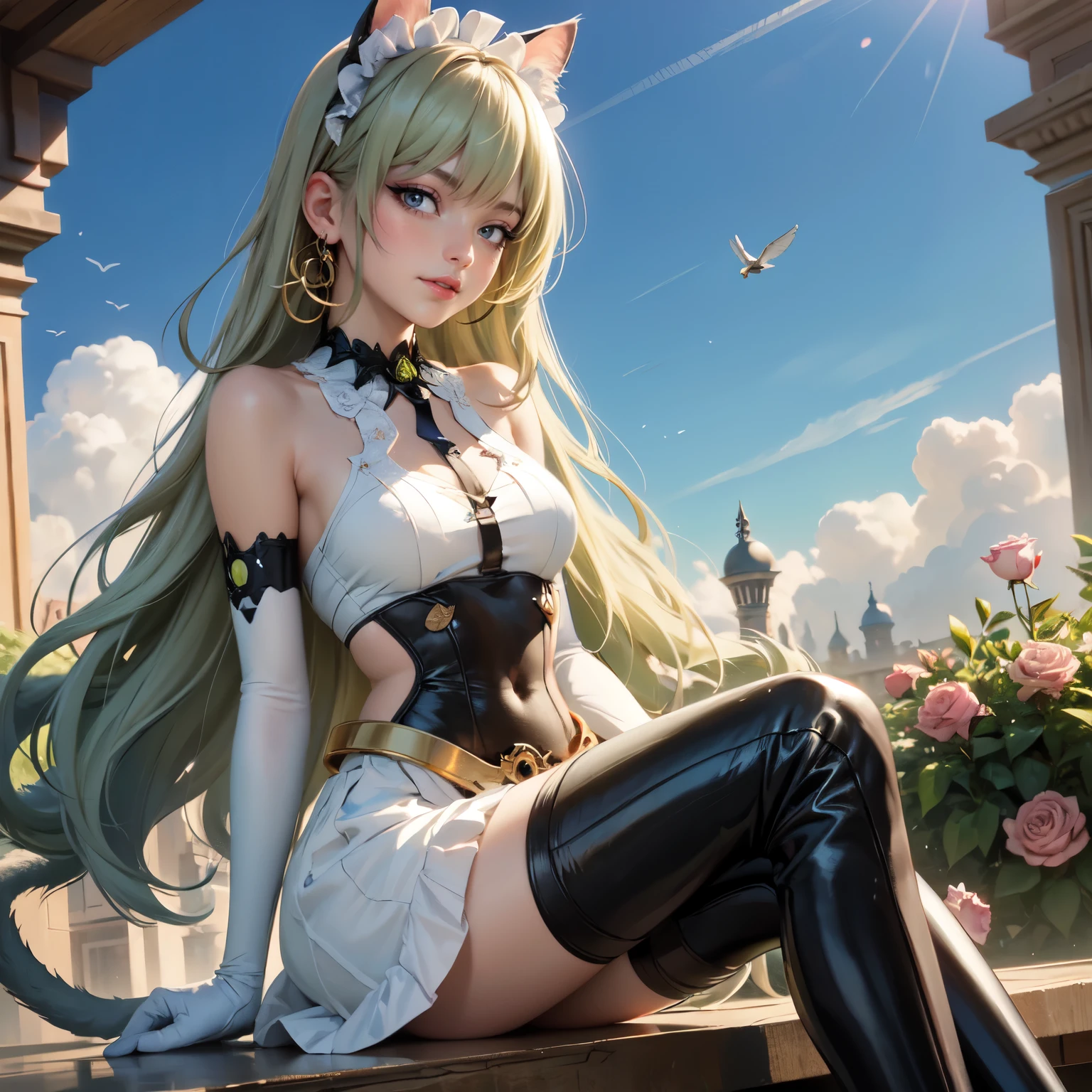 1girl, white maid dress, jewelry, green hair, flowing hair, long hair, white roses, firefly, oriental architecture, maid dress with a short skirt and layers, white laces, white boots, white dress with transparency, gold details on her clothes, cat ears, animal ears, outside, outdoor, seat on the water, meteor falling in the sky, white roses, grass flowers, more details, perfectly body, perfectly hands, two hands, two legs, two arms, five fingers, glowing hair, best quality, cat ears, animal ears, tail ornament, tail bow, white gloves, two cat tail, white gloves, alone, maid headdress, choker, garden scenery, detached sleeves, maid dress, maid white dress, strapless, masterpeice, best quality, detailed face, night, mobius (honkai impact), honkai (series), honkai impact 3rd, asymmetrical gloves, bangs, white short skirt , white gloves, white boots, earrings, elbow gloves, fishnet thighhighs, fishmasterpeice, solo, best quality, detailed face, gloves, green eyes, green hair, hair between eyes, jewelry, long hair, looking at viewer, single earring, sky, sleeveless, solo, thigh boots, thighhighs, tongue, tongue out, uneven gloves, sitting, cat ears, animal ears, cat tail, holding a ice cream