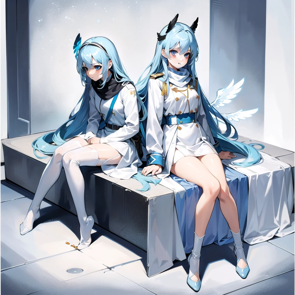 masterpiece, highest quality, highest resolution, clear_image, detailed details, light blue hair, long hair, one girl, light blue eyes, white stockings, black military clothing, light blue scarf, light blue wings (4 wings), cute, full body, no water marks