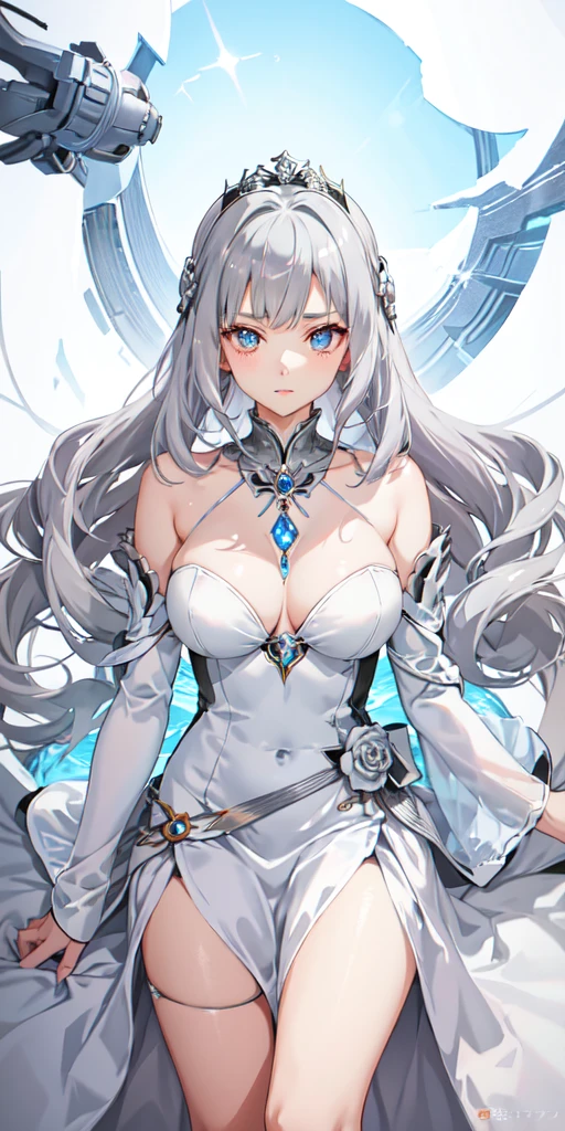 anime girl in a rose silver dress with long gray silver hair and a silver and gray with rose undertone dress, anime goddess, the goddess of zodiac girl, official art, ((a beautiful fantasy empress)), the godess looking angry, gray silver anime girl with long silver hair, dusty-rose-silver dress, dusty rose eyes, high detailed colour of eyes, detailed eyes with two colors, eyes rose and silver ciliured, ancient goddess, anime visual of a cute girl, silver straight hair, straight hairstyle, straight bangs