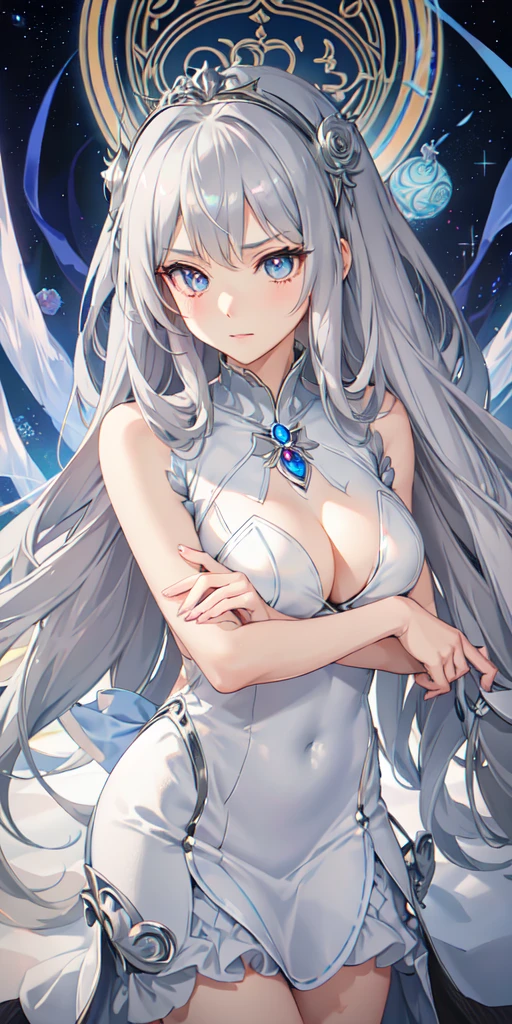 anime girl in a rose silver dress with long gray silver hair and a silver and gray with rose undertone dress, anime goddess, the goddess  of zodiac girl, official art, ((a beautiful fantasy empress)), the godess looking angry, gray silver anime girl with long silver hair, dusty-rose-silver dress, dusty rose eyes, high detailed colour of eyes, detailed eyes with two colors, eyes rose and silver ciliured, ancient goddess, anime visual of a cute girl, silver straight hair, straight hairstyle, straight bangs