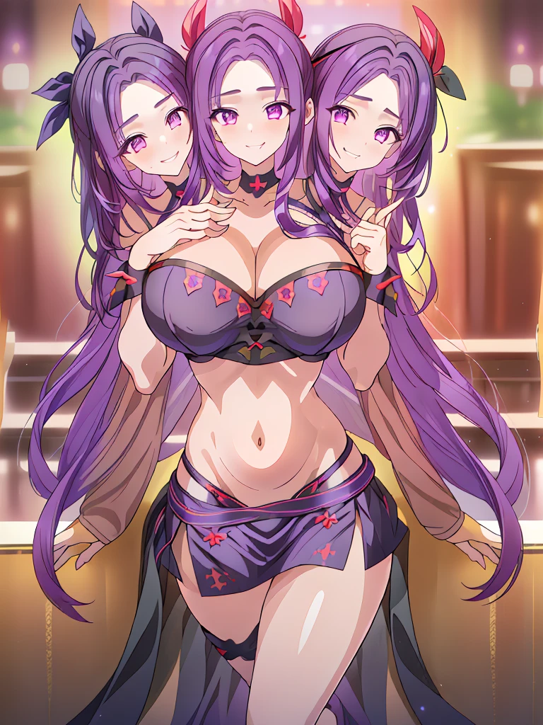(masterpiece, best quality), best resolution, (3heads:1.5), 1girl, purple hair, long flowing hair, smiling, seductive smile, open belly, black crop top, dark purple miniskirt, open breasts, big tits, very huge tits, black headband, beautiful eyes, alluring presence,