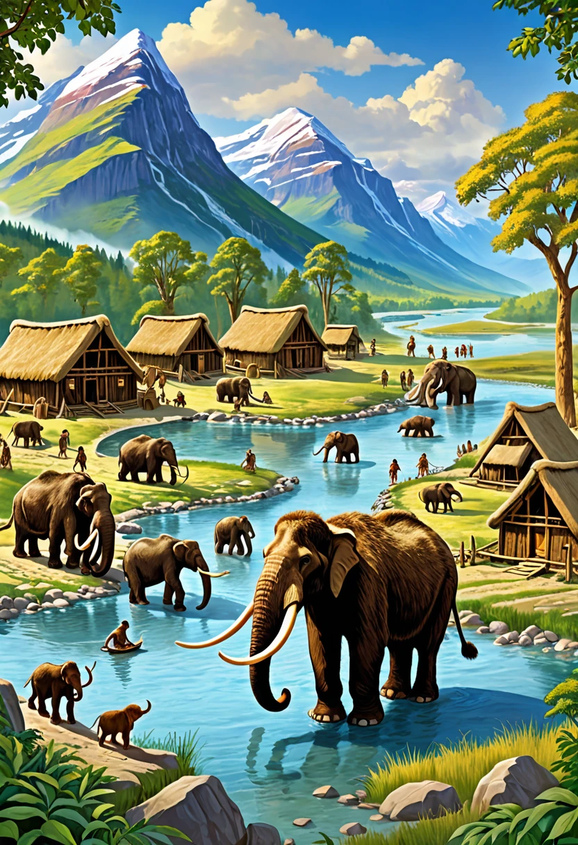 Create a detailed illustration of ancient people living alongside mammoths. The scene should depict a prehistoric settlement with primitive huts, people dressed in animal skins, and mammoths grazing or interacting with the humans. Include elements of nature such as trees, rivers, and mountains in the background to give a sense of the era.