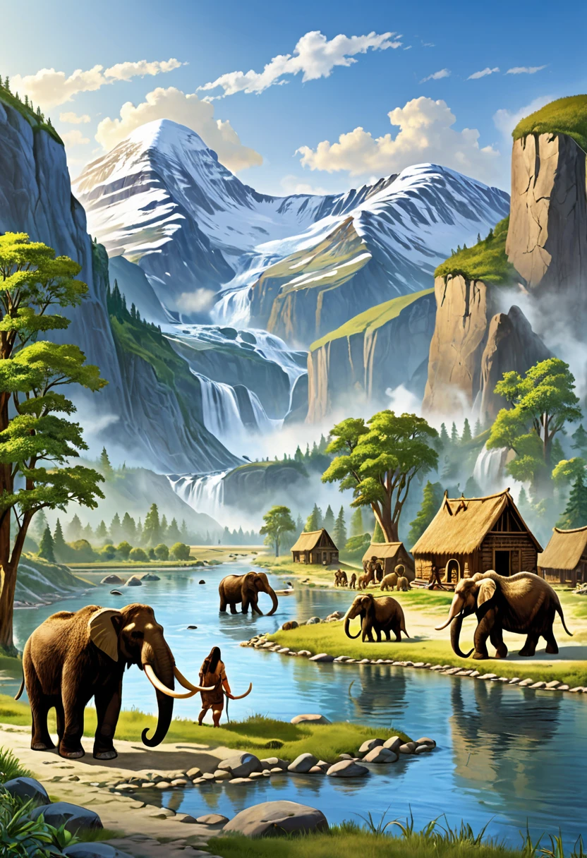 Create a detailed illustration of ancient people living alongside mammoths. The scene should depict a prehistoric settlement with primitive huts, people dressed in animal skins, and mammoths grazing or interacting with the humans. Include elements of nature such as trees, rivers, and mountains in the background to give a sense of the era.