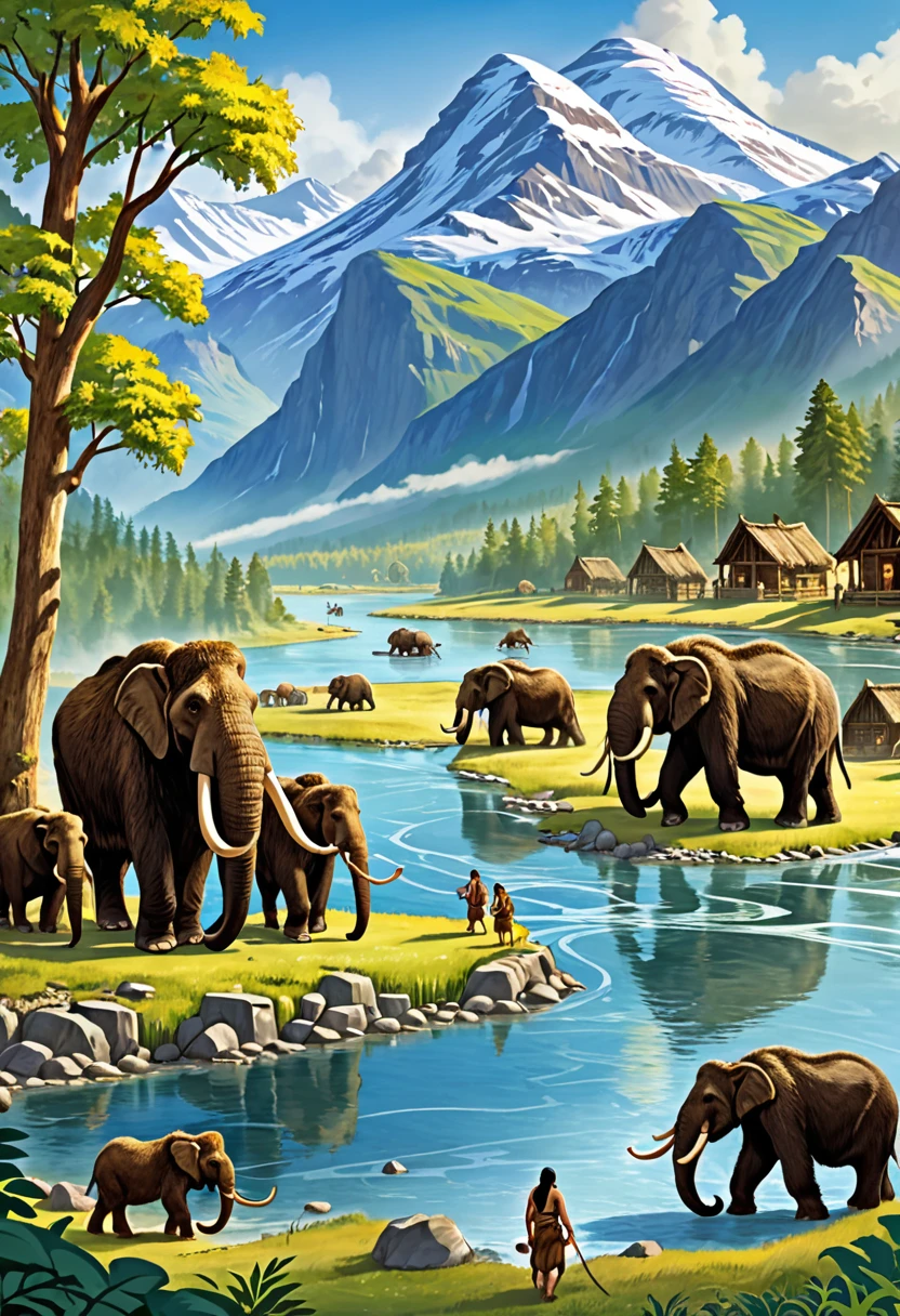Create a detailed illustration of ancient people living alongside mammoths. The scene should depict a prehistoric settlement with primitive huts, people dressed in animal skins, and mammoths grazing or interacting with the humans. Include elements of nature such as trees, rivers, and mountains in the background to give a sense of the era.