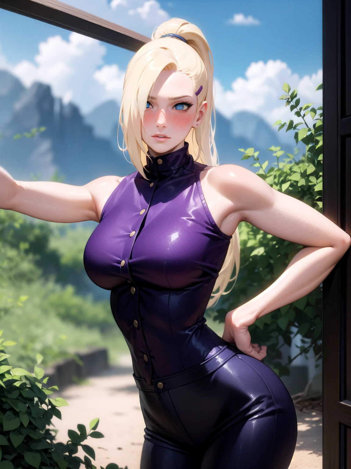 {-erro_de_anatomia:1.0} estilo anime, Masterpiece, absurdities, Yamanaka Ino\(Naruto\), 1girl Solo, woman, Perfect composition, Detailed lips, Beautiful face, body proportion, Blush, Long blonde hair, blue eyes, purple blouse, purple pant, Soft gauze, Super realistic, Detailed, photo shoot, Realistic faces and bodies, masterpiece, best quality, best illustration, hyper detailed, 1 woman, solo, glamorous, blushing, upper body, fighting, on nature, look at the view, dimanic poses, backwards, looking back