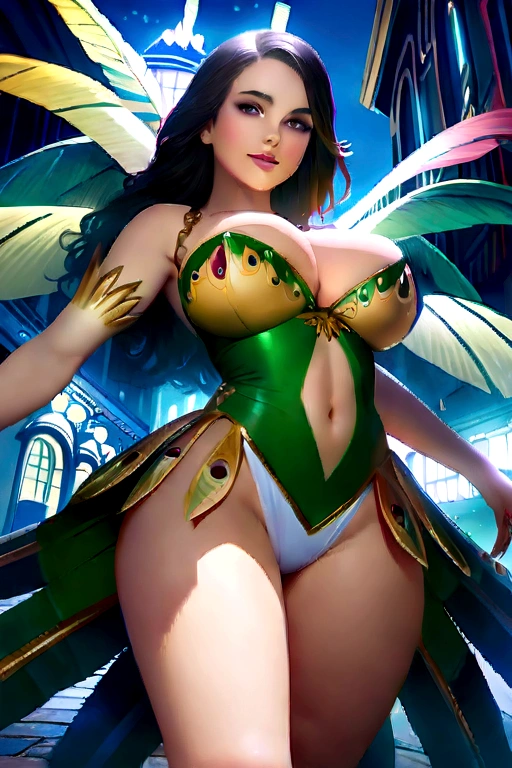 Fantasy setting, bright lights, night scene, rio cranival style, carnival costume, (wearing samba dance dress:1.2), exotic feather costume, cranival parade, outdoor, street background, night sky, romantic and seductive, moonlight, wide angle photo of a Maya Ali, beautiful legs, realistic body parts, cheeks, curvy, big breasts, Hollywood lips, long hair, look at viewer and smile, pleasant mood, calm color palette, vibrant colors, unified 16k wallpaper, ultra realistic, intricate details, masterpiece, (cinematic:1.3), (ArtStation:1.2)