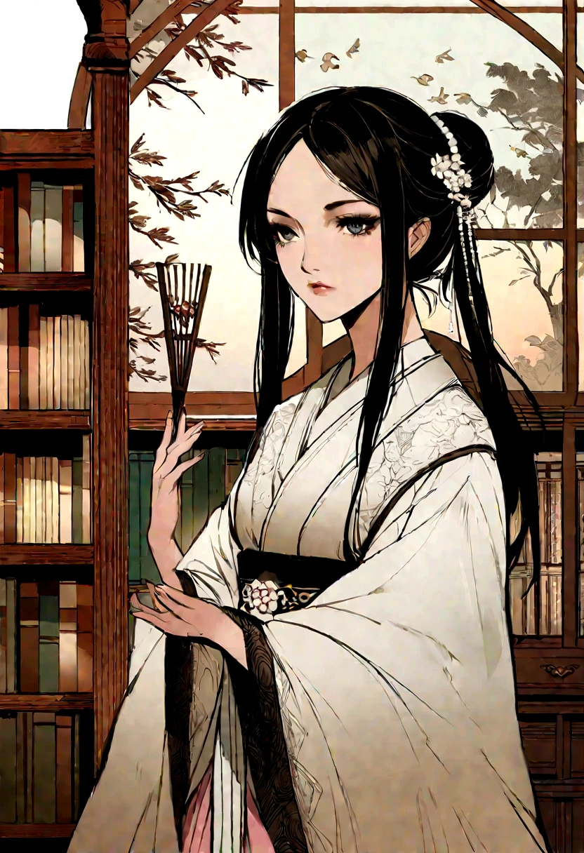 fine Illustration until style by Russ Mills, Luis Royo, Darek Zabrocki,Draw a picture in the style of oriental classics，Showing a young woman with traditional beauty。Her skin is fair，Eyebrows are picturesque，Under the thin eyebrows are a pair of deep and melancholy eyes.，The cherry-like mouth and straight nose make up her delicate face.。Her hair was black and shiny，Intricate bun，It is decorated with exquisite hairpins and pearl flowers.。She is wearing a light pink or white Hanfu，The clothing is embroidered with delicate cloud patterns and flower and bird patterns，The skirt flutters gently in the wind。Her posture is elegant，Maybe holding a folding fan in hand，Or gently touch a blooming peony，It reflects her quietness and connotation。The background is a garden or study full of antique charm，With wooden screen、Bookshelves and desks with study items。The whole scene is illuminated by soft natural light，It creates a warm and peaceful atmosphere。Light pink color、Mainly white and light blue，Convey the tenderness and purity of women。Artistic style: delicate and realistic，Pay attention to detail，At the same time, it incorporates the artistic conception of oriental ink painting，Make the picture have both modern clarity and classical charm。The overall picture conveys a touch of melancholy and deep cultural heritage，Reflecting the inner world of this woman and her story