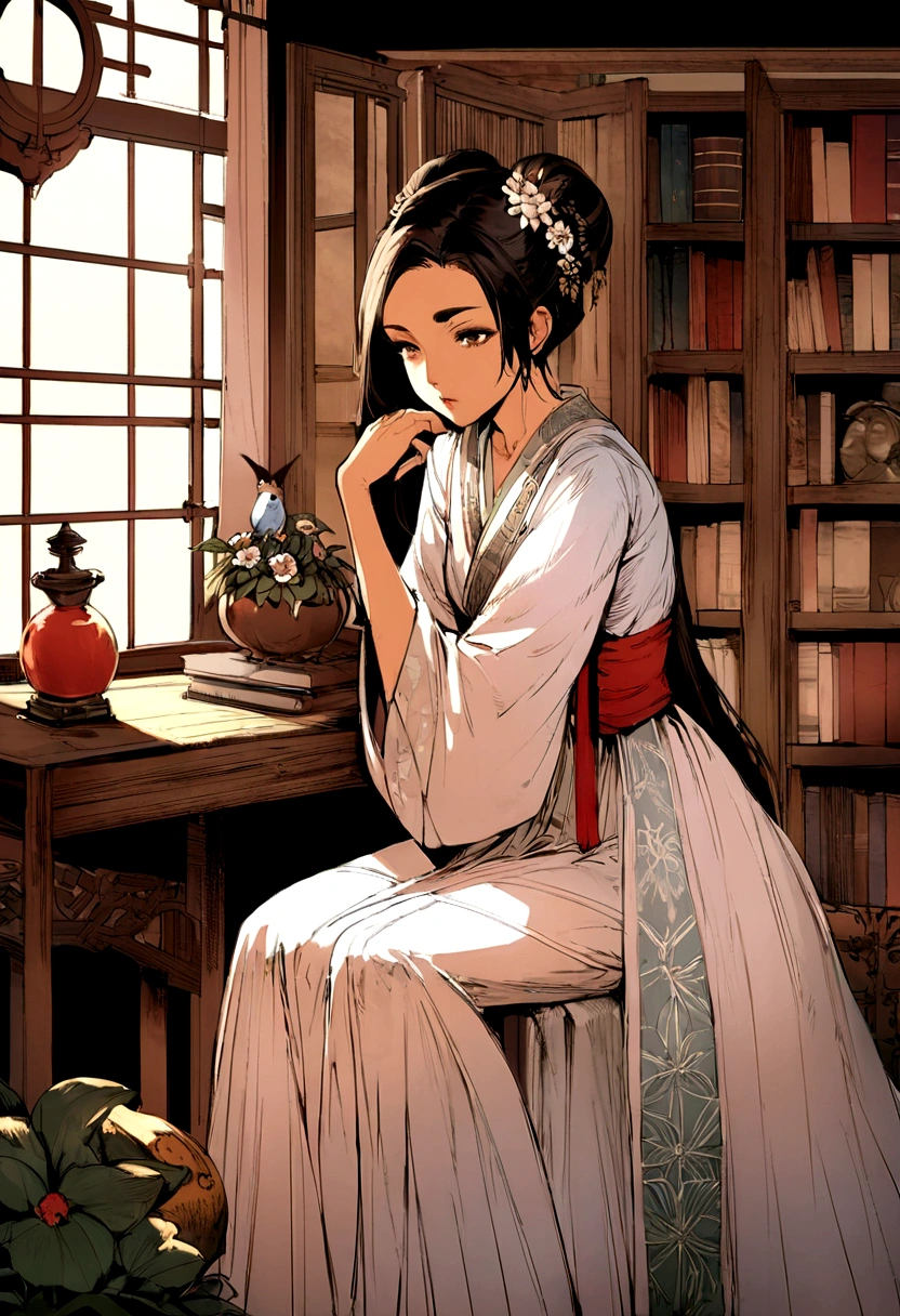 fine Illustration until style by Russ Mills, Luis Royo, Darek Zabrocki,Draw a picture in the style of oriental classics，Showing a young woman with traditional beauty。Her skin is fair，Eyebrows are picturesque，Under the thin eyebrows are a pair of deep and melancholy eyes.，The cherry-like mouth and straight nose make up her delicate face.。Her hair was black and shiny，Intricate bun，It is decorated with exquisite hairpins and pearl flowers.。She is wearing a light pink or white Hanfu，The clothing is embroidered with delicate cloud patterns and flower and bird patterns，The skirt flutters gently in the wind。Her posture is elegant，Maybe holding a folding fan in hand，Or gently touch a blooming peony，It reflects her quietness and connotation。The background is a garden or study full of antique charm，With wooden screen、Bookshelves and desks with study items。The whole scene is illuminated by soft natural light，It creates a warm and peaceful atmosphere。Light pink color、Mainly white and light blue，Convey the tenderness and purity of women。Artistic style: delicate and realistic，Pay attention to detail，At the same time, it incorporates the artistic conception of oriental ink painting，Make the picture have both modern clarity and classical charm。The overall picture conveys a touch of melancholy and deep cultural heritage，Reflecting the inner world of this woman and her story