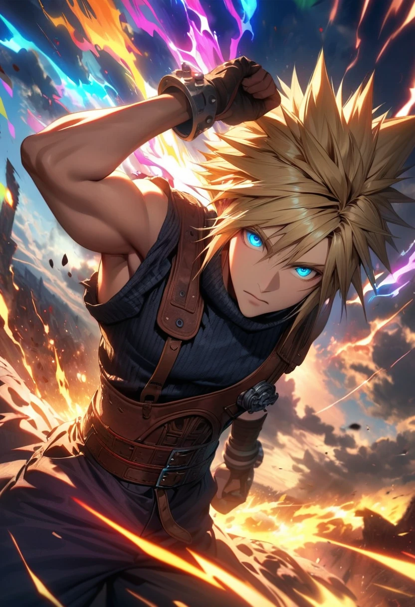Symetrical,absurdres, highres, ultra detailed, HDR, masterpiece, extremely detailed face and eyes, Cloud Strife,final fantasy 7, yellow hair , , solo, man, handsome, ,, , Epic fight scene, colorful lightning effect, glowing glitters, colorful splashing effect, colorful flames,