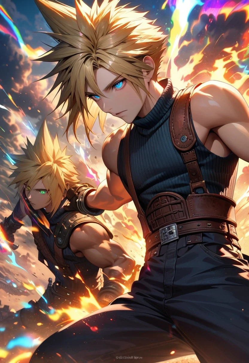 Symetrical,absurdres, highres, ultra detailed, HDR, masterpiece, extremely detailed face and eyes, Cloud Strife,final fantasy 7, yellow hair , , solo, man, handsome, ,, , Epic fight scene, colorful lightning effect, glowing glitters, colorful splashing effect, colorful flames,