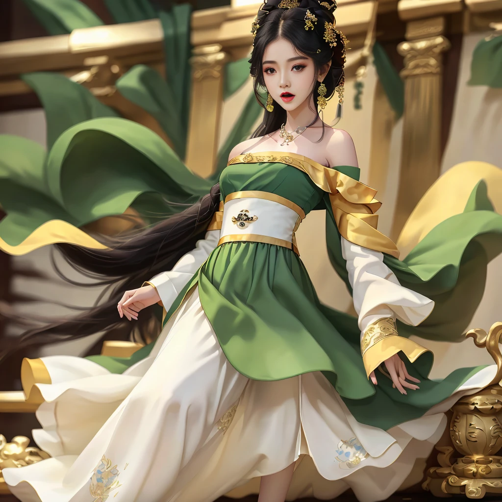 Girl in traditional Chinese clothing, Hanfu, Guzhen Hanfu women, green Hanfu,(long straight black hair:1.5), black eyes, black bun hairstyle, hair accessories ,white diamond earrings, Bangle Diameter, Dia Necklace, Clear eyes, Facing forward,put on makeup, Long eyelashes ,(Jade green long shoulder coat:1.5), (Very long skirt, white:1.5), ((Whole body)), ((from below)), Clear face, , (Very beautiful face, Beautiful mouth, beautiful eyes), detailed face, ((Ultra-fine skin)), In the dark, deep shadows, an ancient Chinese girl (Very slim figure 1.3) ,Plump breasts, elegant posture ,(palace in the sky:1.5), open mouth