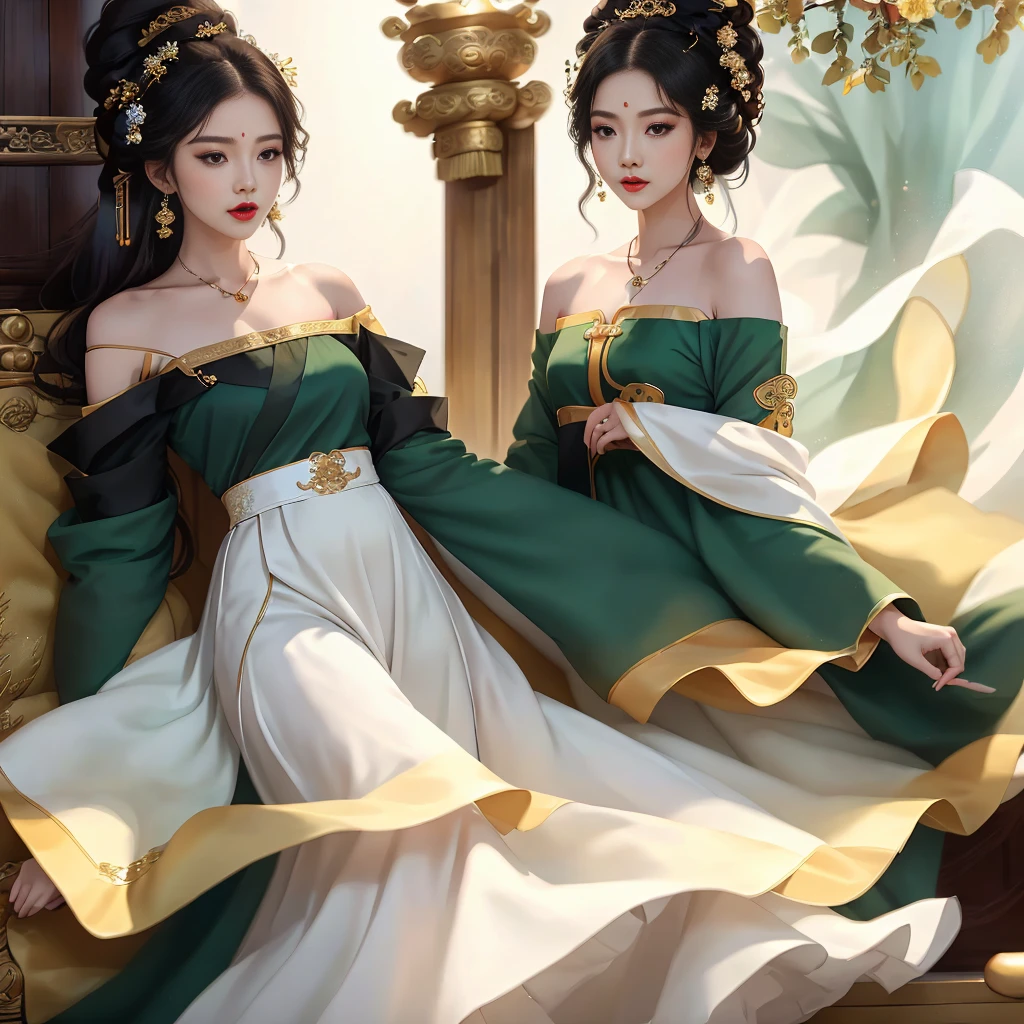 Girl in traditional Chinese clothing, Hanfu, Guzhen Hanfu women, green Hanfu,(long straight black hair:1.5), black eyes, black bun hairstyle, hair accessories ,white diamond earrings, Bangle Diameter, Dia Necklace, Clear eyes, Facing forward,put on makeup, Long eyelashes ,(Jade green long shoulder coat:1.5), (Very long skirt, white:1.5), ((Whole body)), ((from below)), Clear face, , (Very beautiful face, Beautiful mouth, beautiful eyes), detailed face, ((Ultra-fine skin)), In the dark, deep shadows, an ancient Chinese girl (Very slim figure 1.3) ,Plump breasts, elegant posture ,(palace in the sky:1.5), open mouth