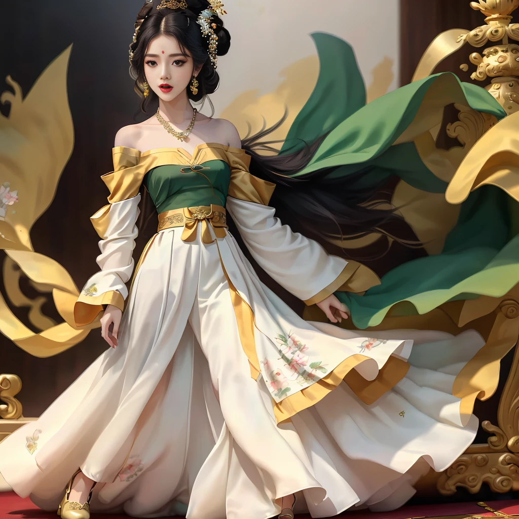 Girl in traditional Chinese clothing, Hanfu, Guzhen Hanfu women, green Hanfu,(long straight black hair:1.5), black eyes, black bun hairstyle, hair accessories ,white diamond earrings, Bangle Diameter, Dia Necklace, Clear eyes, Facing forward,put on makeup, Long eyelashes ,(Jade green long shoulder coat:1.5), (Very long skirt, white:1.5), ((Whole body)), ((from below)), Clear face, , (Very beautiful face, Beautiful mouth, beautiful eyes), detailed face, ((Ultra-fine skin)), In the dark, deep shadows, an ancient Chinese girl (Very slim figure 1.3) ,Plump breasts, elegant posture ,(palace in the sky:1.5), open mouth