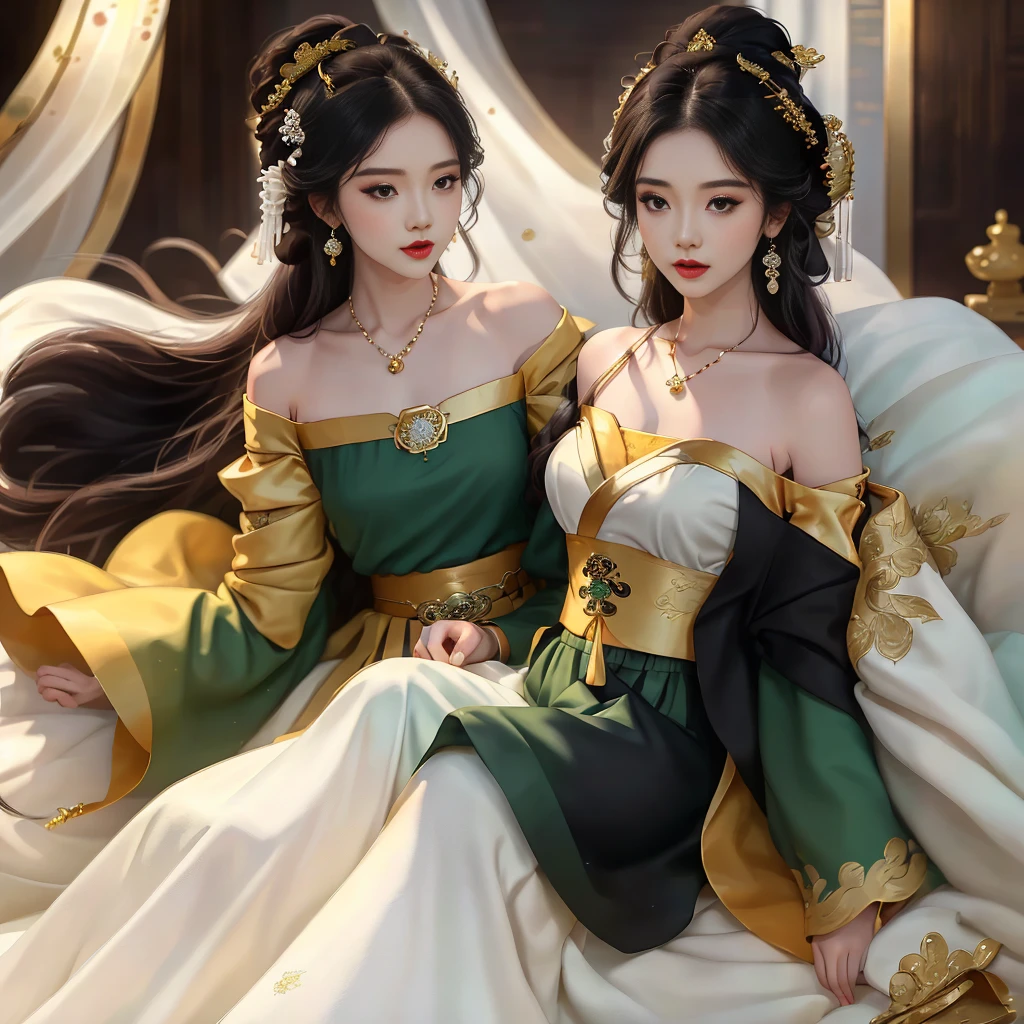 Girl in traditional Chinese clothing, Hanfu, Guzhen Hanfu women, green Hanfu,(long straight black hair:1.5), black eyes, black bun hairstyle, hair accessories ,white diamond earrings, Bangle Diameter, Dia Necklace, Clear eyes, Facing forward,put on makeup, Long eyelashes ,(Jade green long shoulder coat:1.5), (Very long skirt, white:1.5), ((Whole body)), ((from below)), Clear face, , (Very beautiful face, Beautiful mouth, beautiful eyes), detailed face, ((Ultra-fine skin)), In the dark, deep shadows, an ancient Chinese girl (Very slim figure 1.3) ,Plump breasts, elegant posture ,(palace in the sky:1.5), open mouth