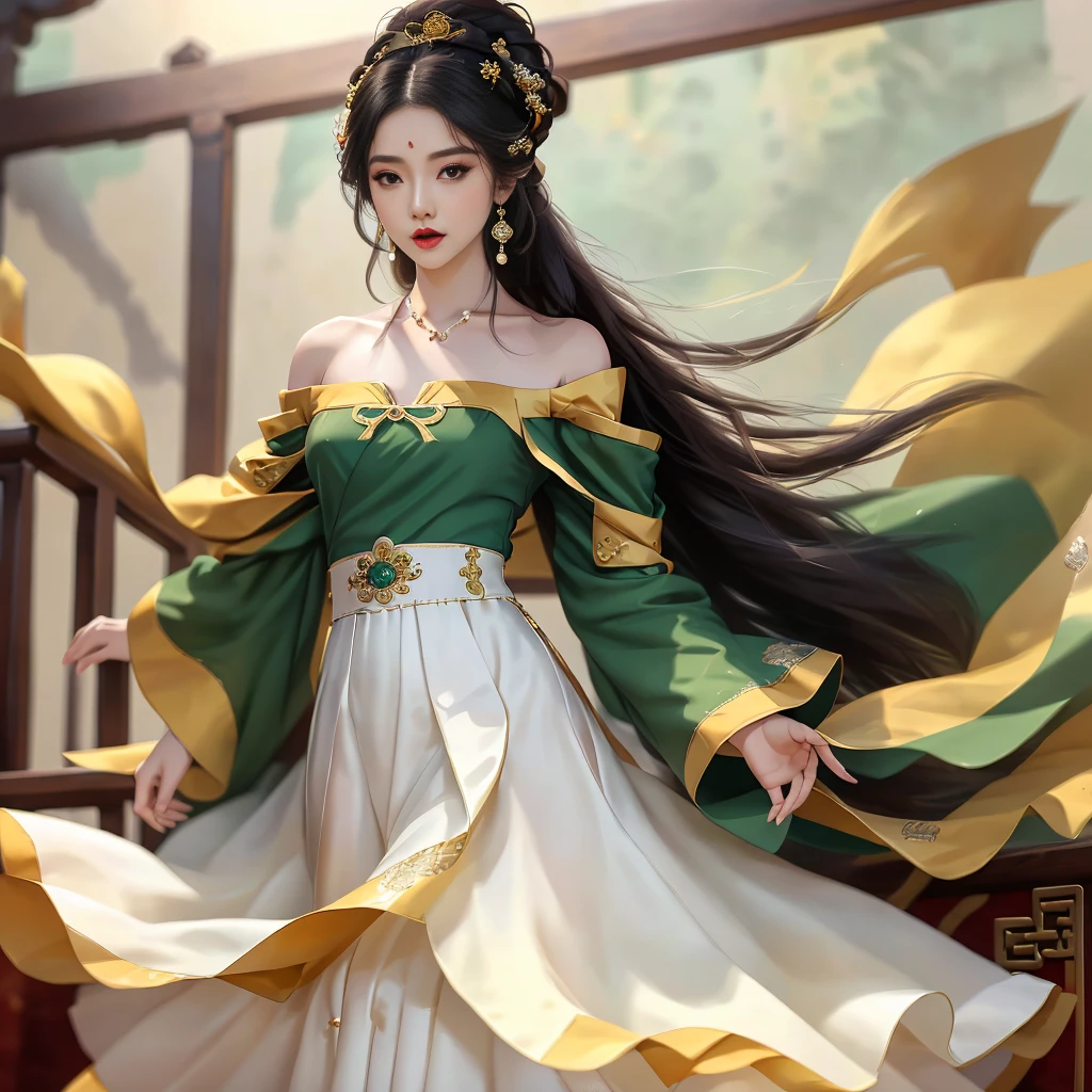 Girl in traditional Chinese clothing, Hanfu, Guzhen Hanfu women, green Hanfu,(long straight black hair:1.5), black eyes, black bun hairstyle, hair accessories ,white diamond earrings, Bangle Diameter, Dia Necklace, Clear eyes, Facing forward,put on makeup, Long eyelashes ,(Jade green long shoulder coat:1.5), (Very long skirt, white:1.5), ((Whole body)), ((from below)), Clear face, , (Very beautiful face, Beautiful mouth, beautiful eyes), detailed face, ((Ultra-fine skin)), In the dark, deep shadows, an ancient Chinese girl (Very slim figure 1.3) ,Plump breasts, elegant posture ,(palace in the sky:1.5), open mouth