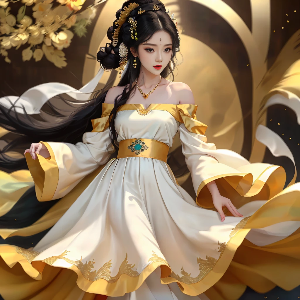 Girl in traditional Chinese clothing, Hanfu, Guzhen Hanfu women, green Hanfu,(long straight black hair:1.5), black eyes, black bun hairstyle, hair accessories ,white diamond earrings, Bangle Diameter, Dia Necklace, Clear eyes, Facing forward,put on makeup, Long eyelashes ,(Jade green long shoulder coat:1.5), (Very long skirt, white:1.5), ((Whole body)), ((from below)), Clear face, , (Very beautiful face, Beautiful mouth, beautiful eyes), detailed face, ((Ultra-fine skin)), In the dark, deep shadows, an ancient Chinese girl (Very slim figure 1.3) ,Plump breasts, elegant posture ,(palace in the sky:1.5), open mouth