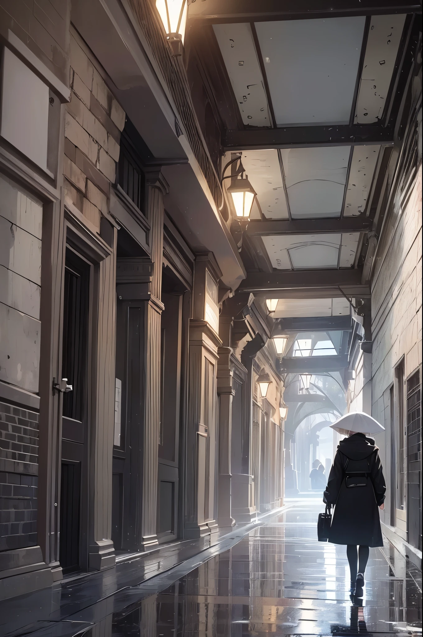 ((20-year-old woman,Blonde short bob hair,She is walking through an huge park in the Uneasy atmosphere world)),the sky in the clouds,inside the monochrome world,the atmosphere in the rain,There are faceless monsters in the park,Uneasy atmosphere.